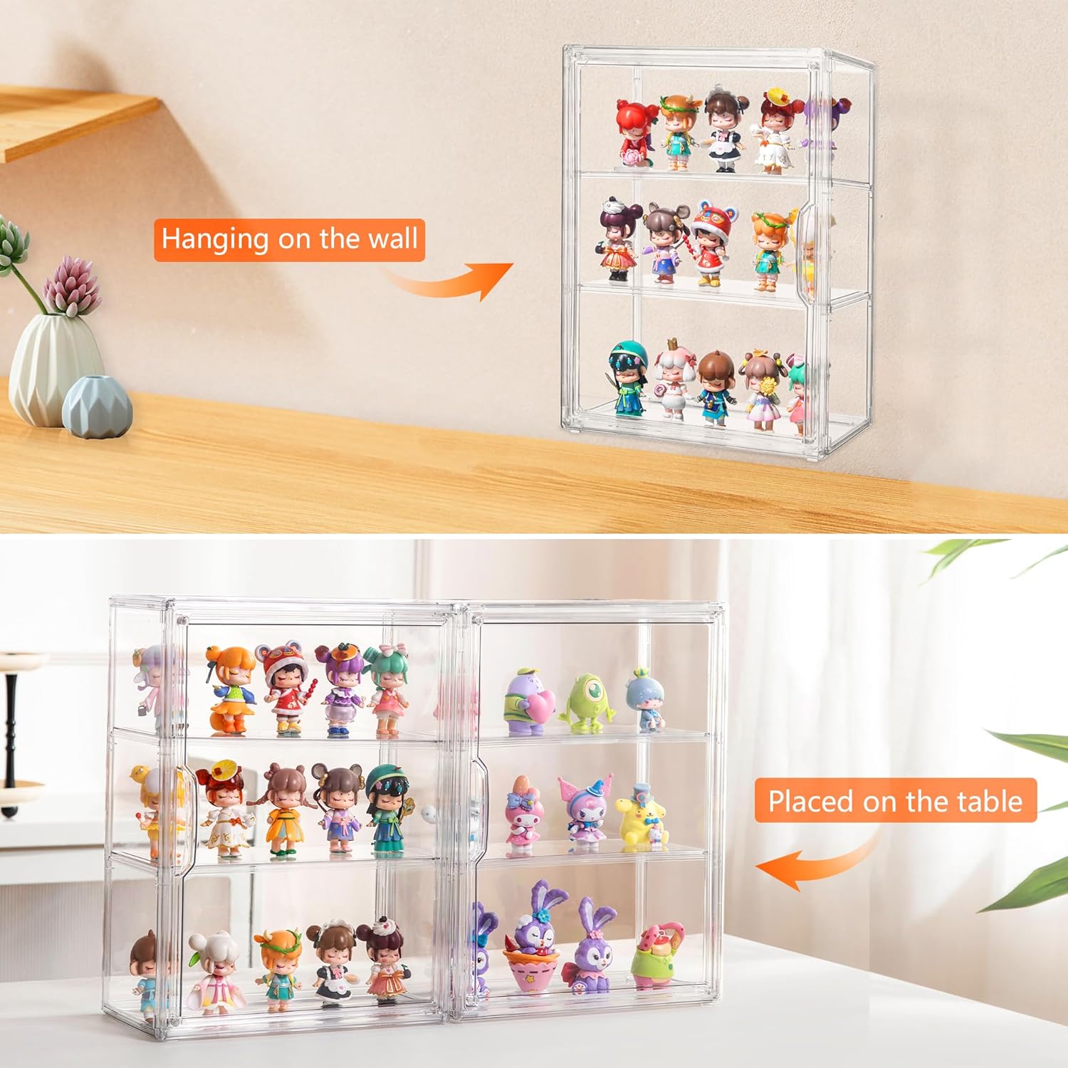 Attelite Acrylic Display Cases for Collectibles, 2 Pack 3 Layer Clear Display Case with Magnetic Door, Wall-Mounted Desktop Clear Showcase with 2 Adjustable Divider Storage Box for Action Figure