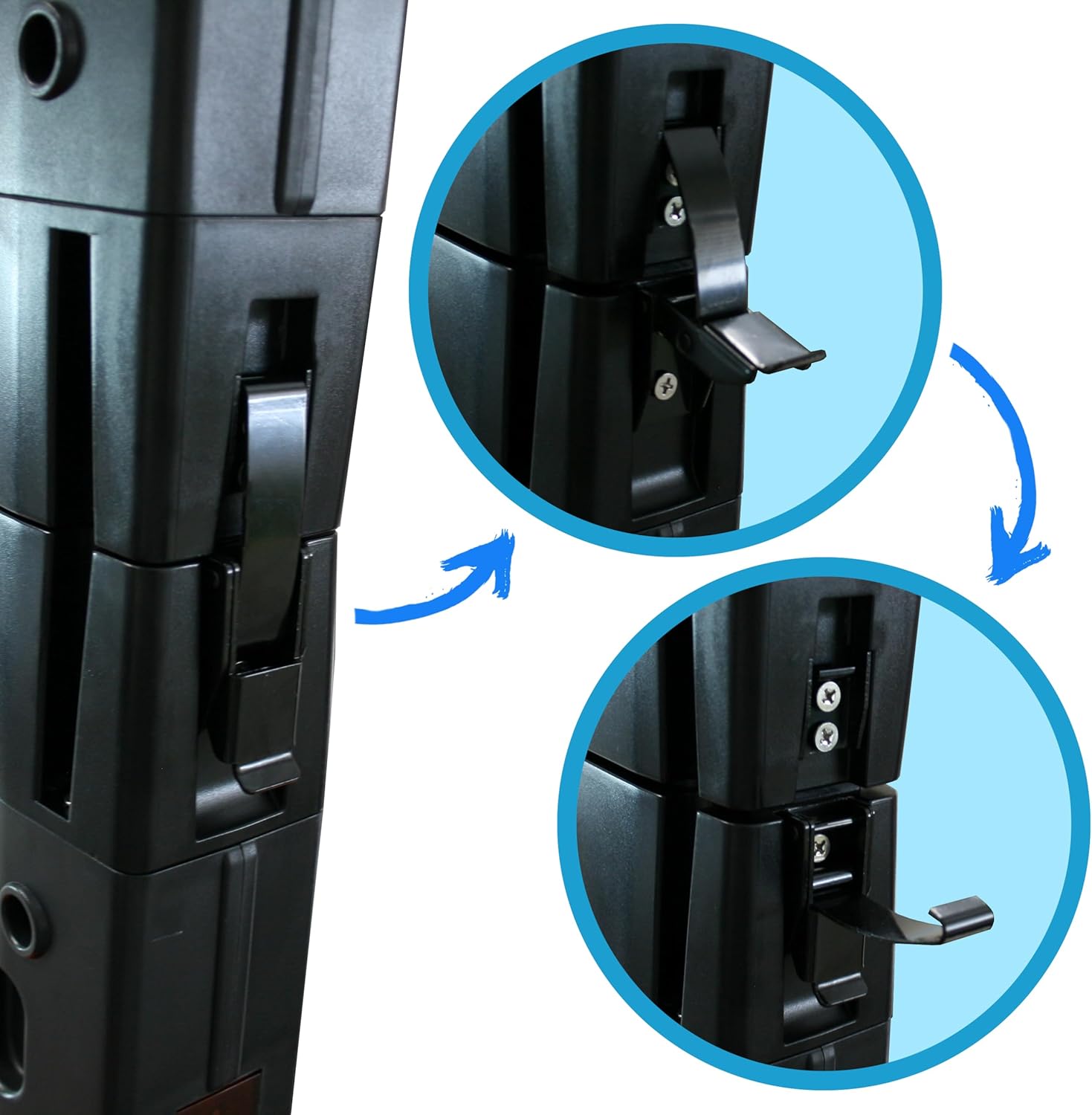 Close-up of the latch mechanism on the metal detector's side column, showing open and closed positions.