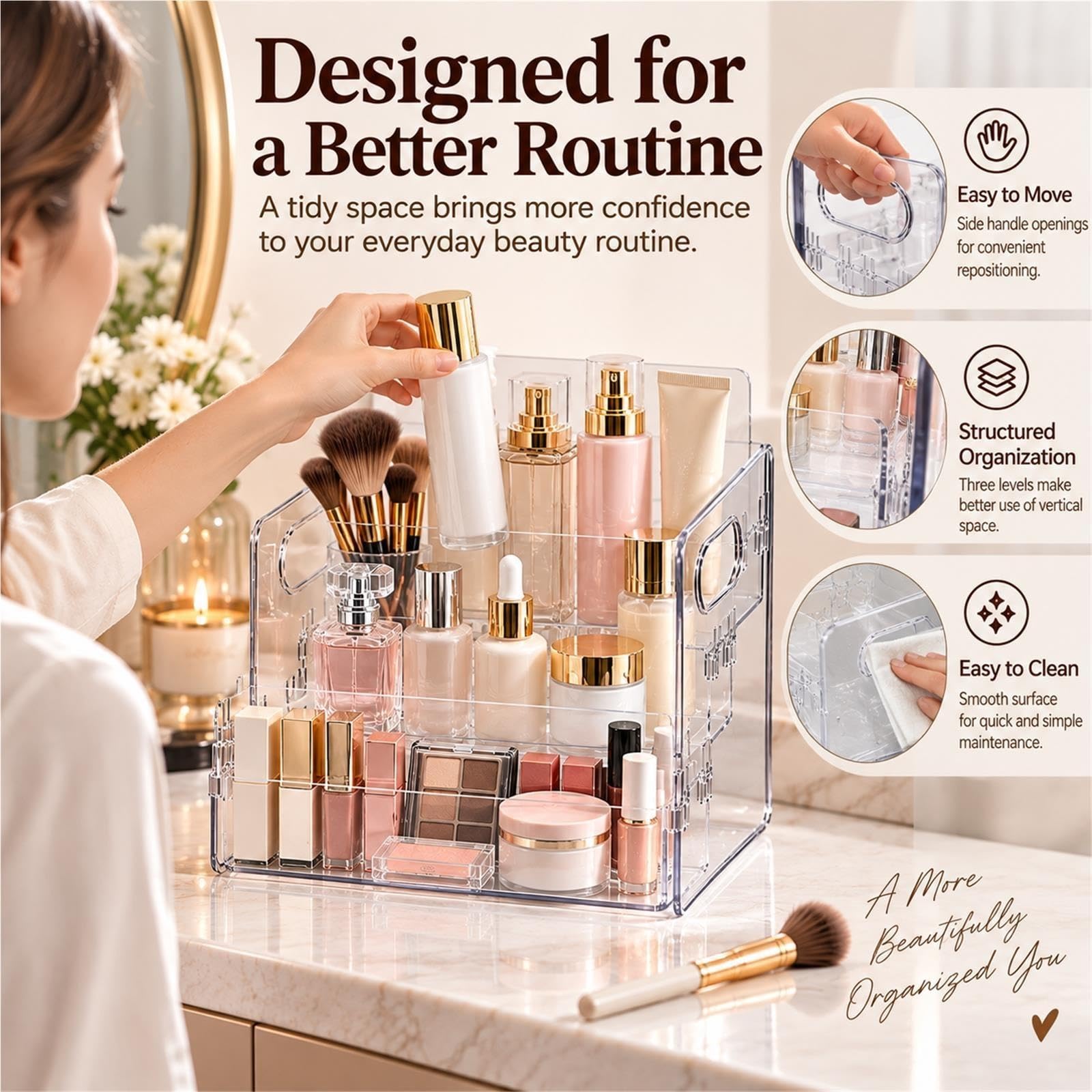 Organizer Trucco Trasparente a 3 Livelli per Cosmetici e Skincare