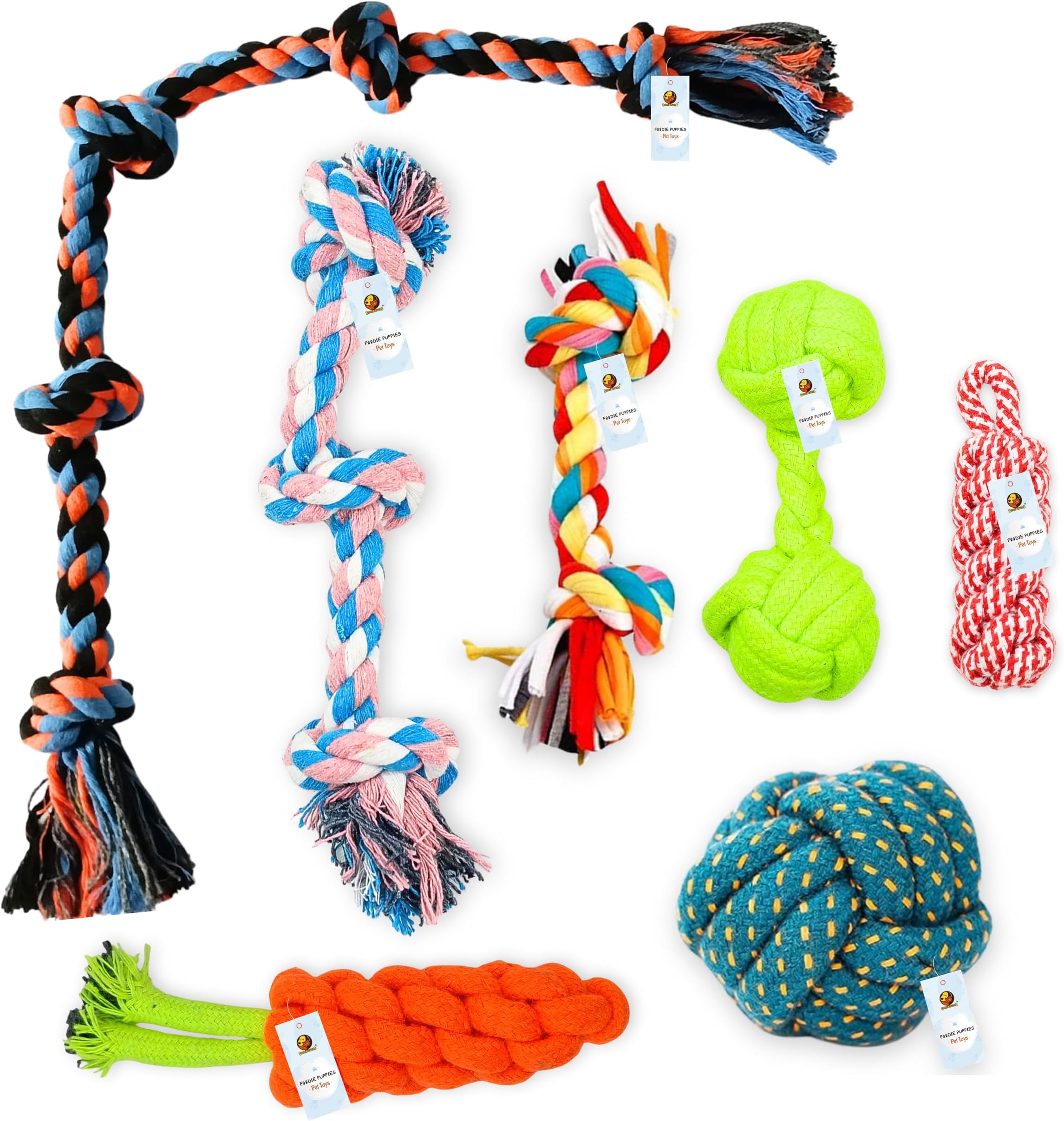 Foodie Puppies 7 Dog Chew Rope Toys Combo for Small Dogs & Puppies, Teething and Training (2Knot/Corn-Stick/Dumbell/Carrot/Slipper/Cotton Ball/Handle Ball Rope) (7in1) (Color May Vary)
