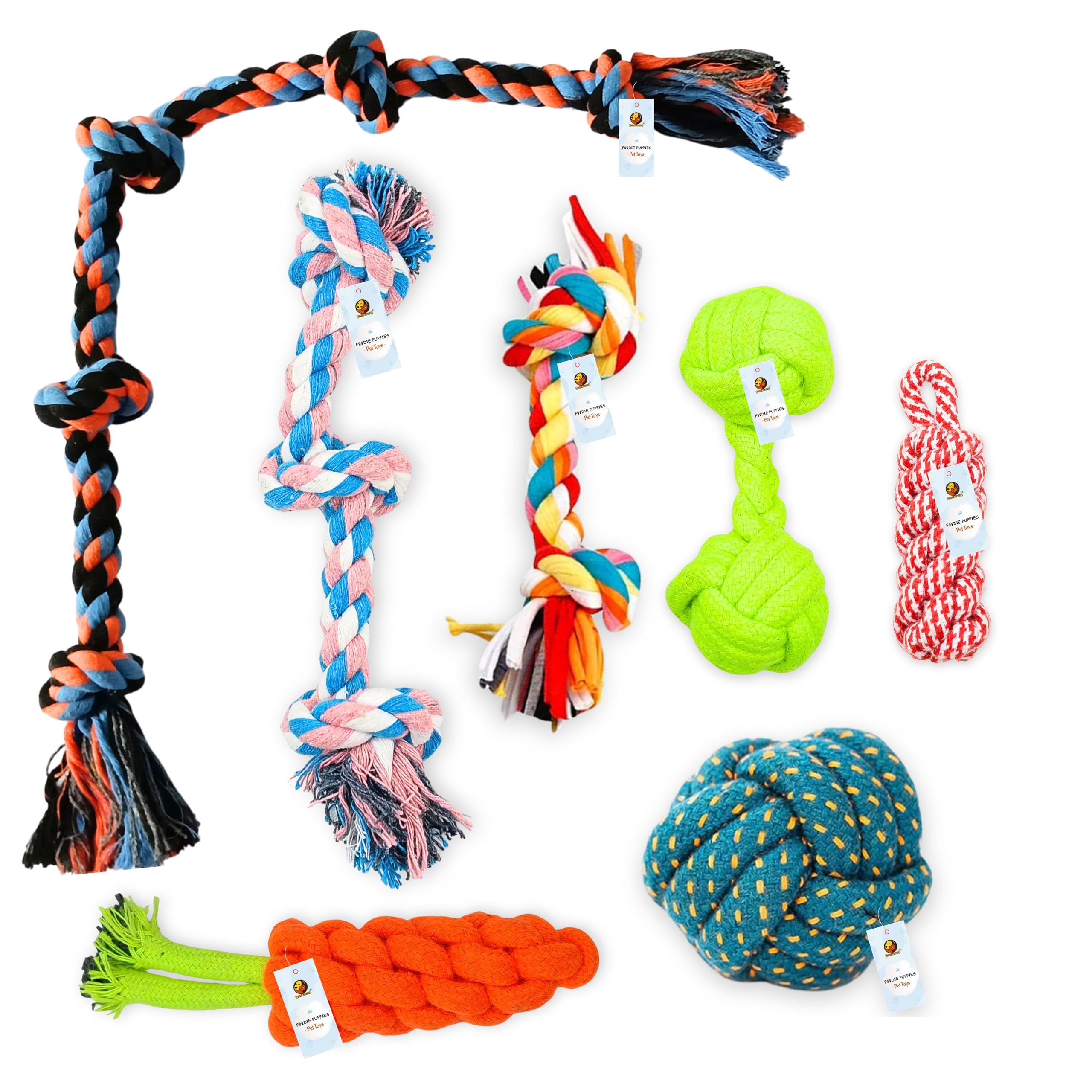 Foodie Puppies 7 Dog Chew Rope Toys Combo for Small Dogs & Puppies, Teething and Training (2Knot/Corn-Stick/Dumbell/Carrot/Slipper/Cotton Ball/Handle Ball Rope) (7in1) (Color May Vary)