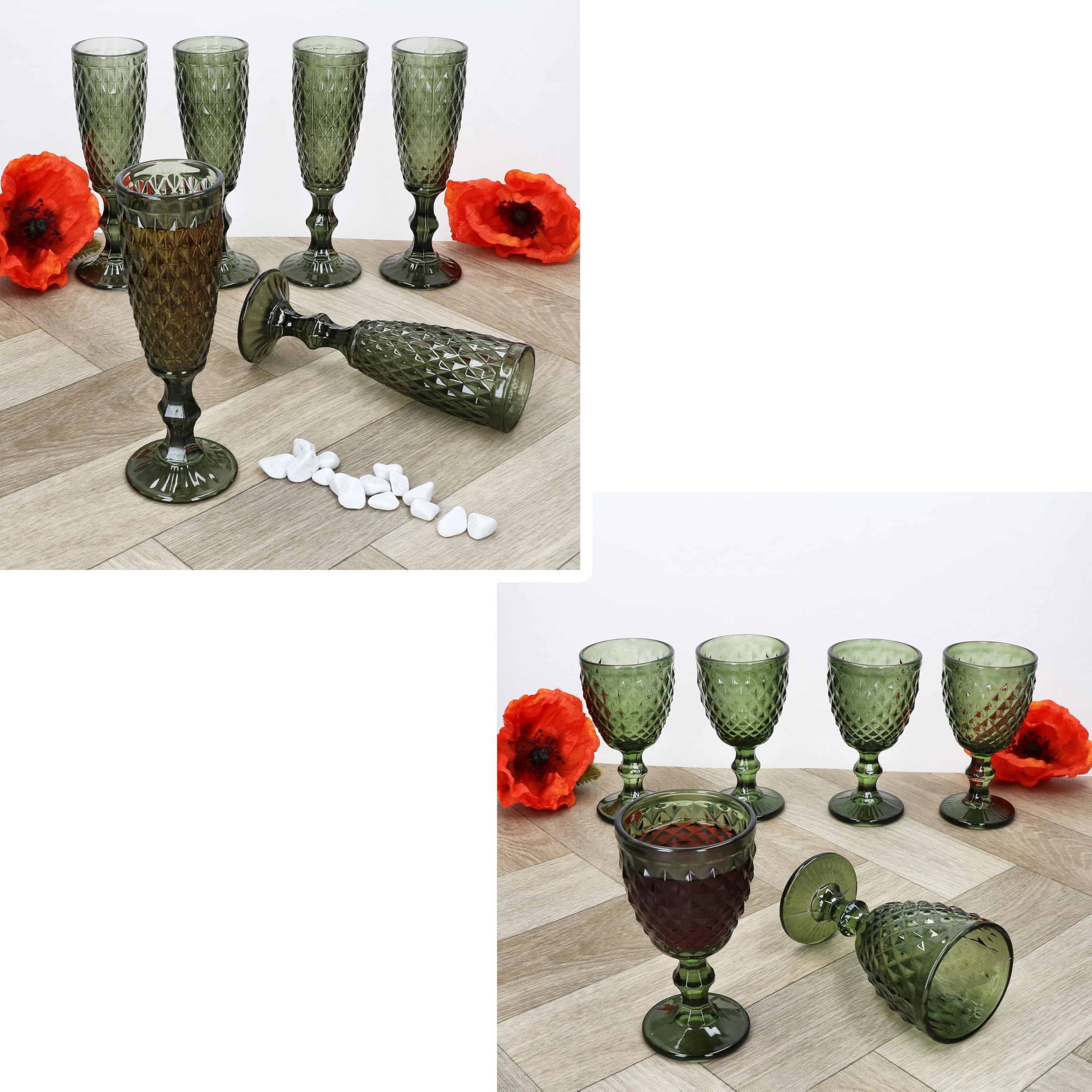 MamboCat Diamond Lot de 12 verres à vin et 6 flûtes à champagne I Verre vert à facettes I Ensemble de verres pour vin, prosecco et champagne I pour les fêtes, Noël, etc.