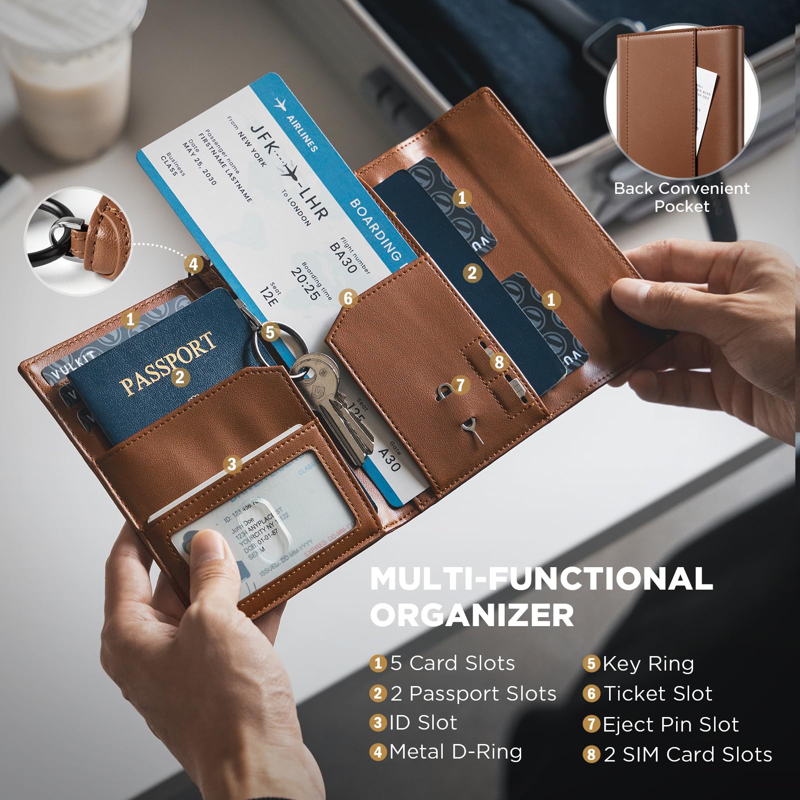 VULKIT Porta passaporto con blocco RFID per viaggi, copertura multifunzionale per passaporto per uomini e donne, progettato per viaggi a lunga distanza, grande capacità, funzione di supporto per