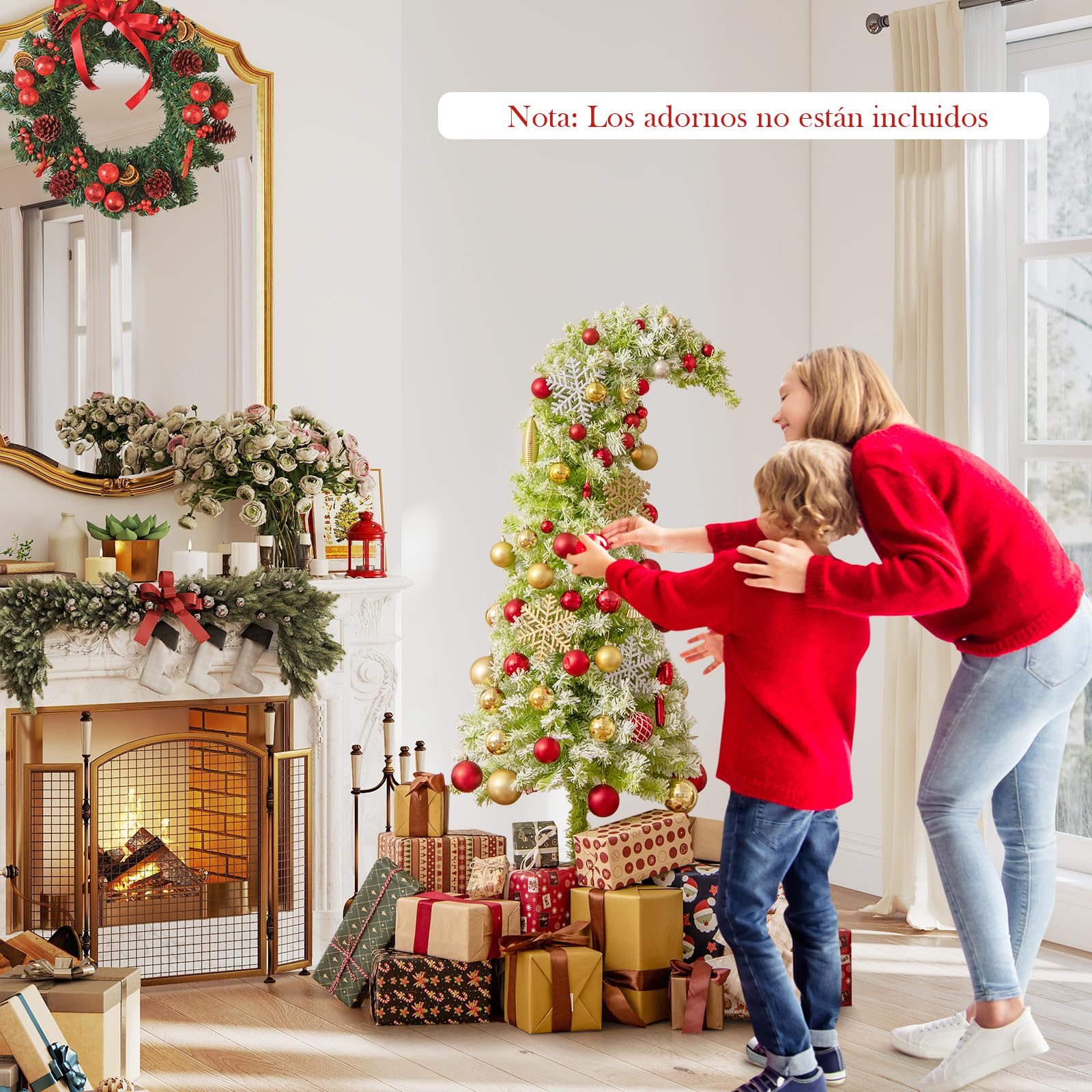 COSTWAY Árbol de Navidad Nevado con Luces 180cm, Cima Flexible, Arbol de Navidad Estrecho con Luces Incorporadas, 8 Modos con 120 LED Blancas Cálidas, 290 Puntas de Ramas (180 cm)
