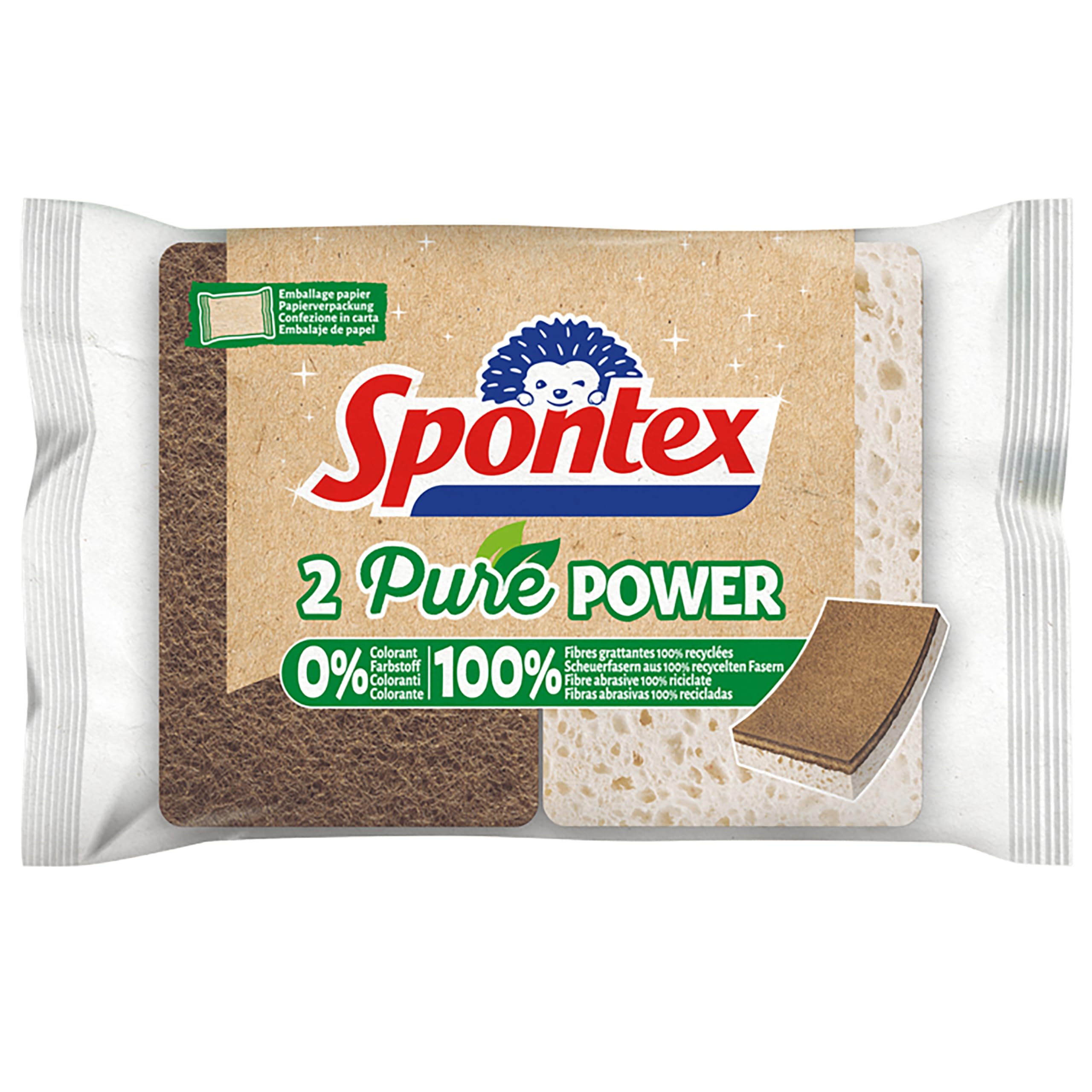 Spontex Pure Power 2er Pack, Reinigungsschwämme mit Scheuervlies aus 100% Recyclingfasern, 1 x 2 Stück