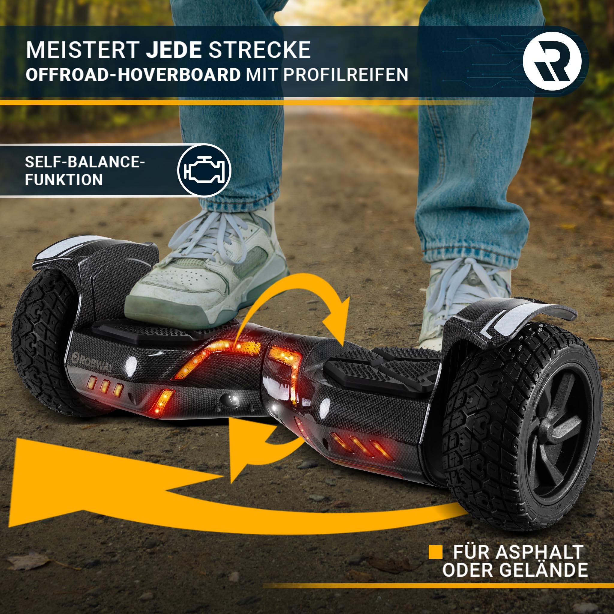 Robway X2 Hoverboard | 𝐃𝐀𝐒 𝐎𝐑𝐈𝐆𝐈𝐍𝐀𝐋 ® Hoverboards für Kinder Jugendliche & Erwachsene - APP Steuerung - 𝟮 x 𝟯𝟓𝟬 Watt Motoren - Self-Balance - Bluetooth (X2 Carbon, Offroad)