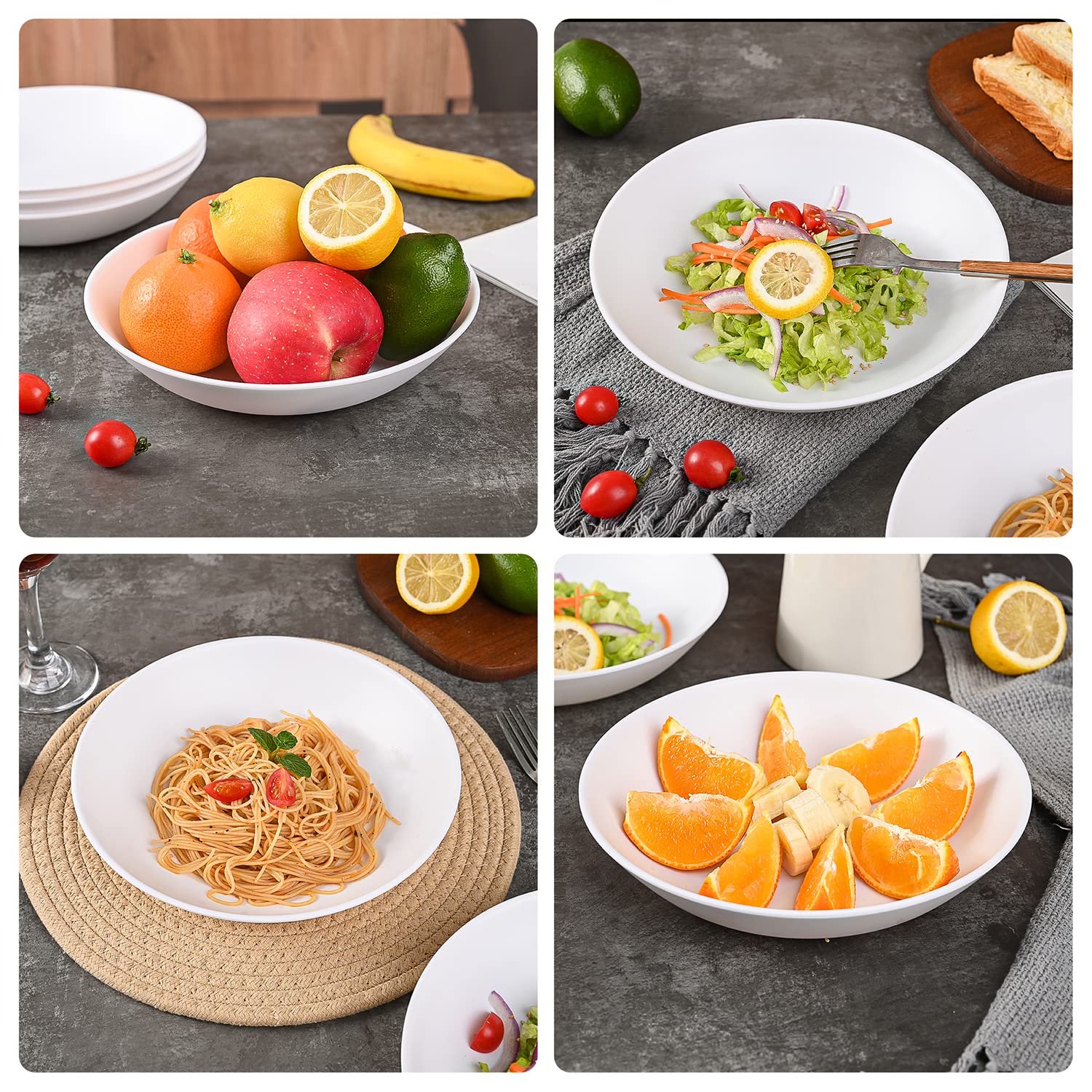 XUEJUN Pasta Bowls 34oz, 8.5" Large Salad Bowls, Bamboo Fiber Pasta Bowls Set of 6, White Serving Bowls for Salad, Pasta, Fruits, Ice Cream, BPA free, Dishwasher Safe