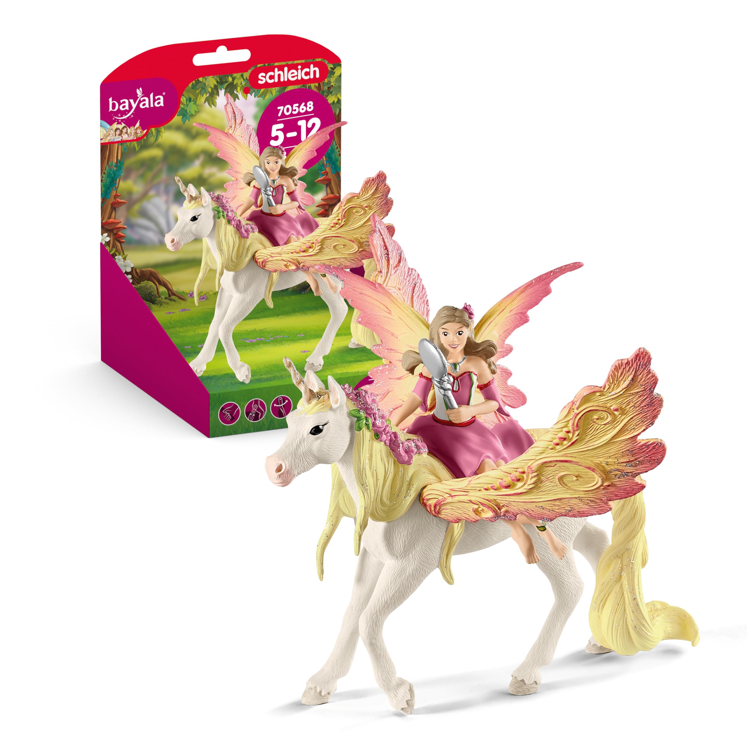 SCHLEICH BAYALA | Feya mit Pegasus-Einhorn 70568 | Elfe mit Spiegel & Einhorn samt Magnet | Geschenk für Mädchen und Jungen | Geburtstagsdeko & schöne Sammelfiguren ab 5 Jahren | Set aus 3 Teilen