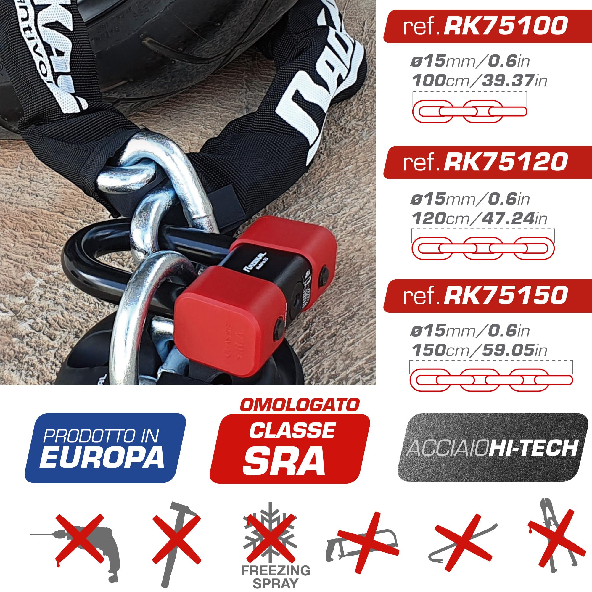 RADIKAL RK75120 Blocca Disco + Catena Alta Sicurezza Antifurto Moto Omologato CLASSE SRA, 120cm, Made in Europe