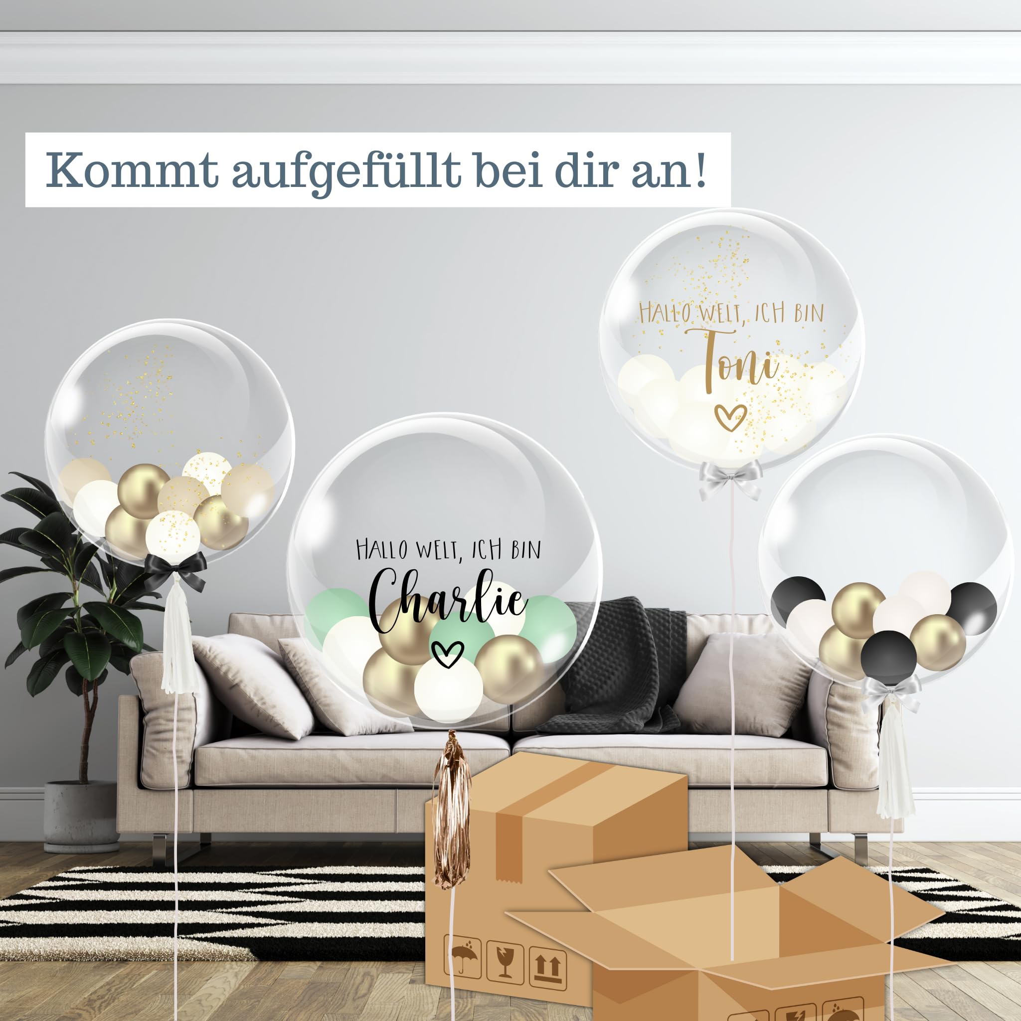 Hallo Welt - Bubble Fabrik - Personalisiertes Ballongeschenk: Durchsichtiger Heliumballon mit Bunten Ballons, Geschenk zu Geburt, Geschenkidee für Eltern