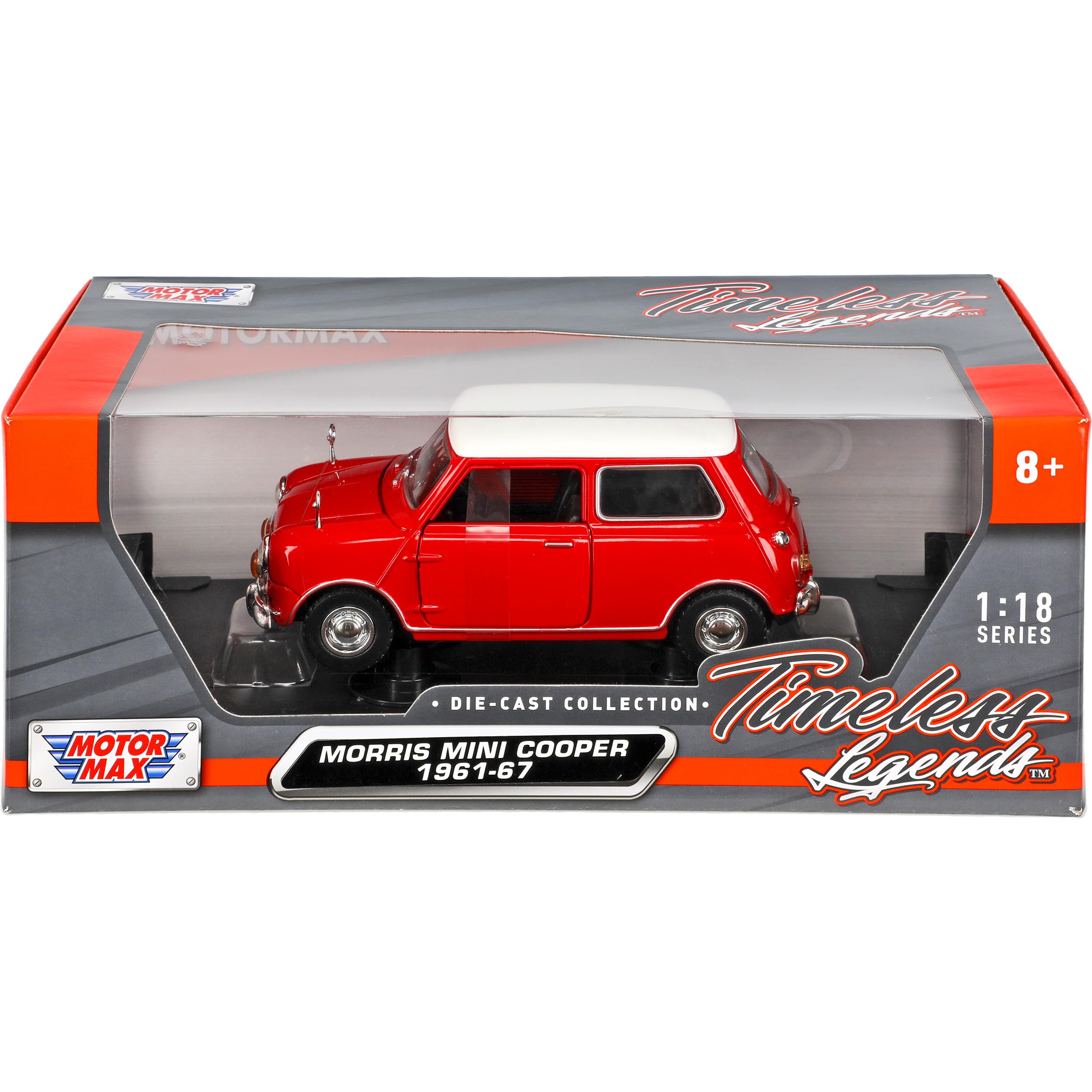 Motormax Morris Mini Cooper altes Ur Modell Rot mit weißem Dach 1959-2000 1/18 Modell Auto