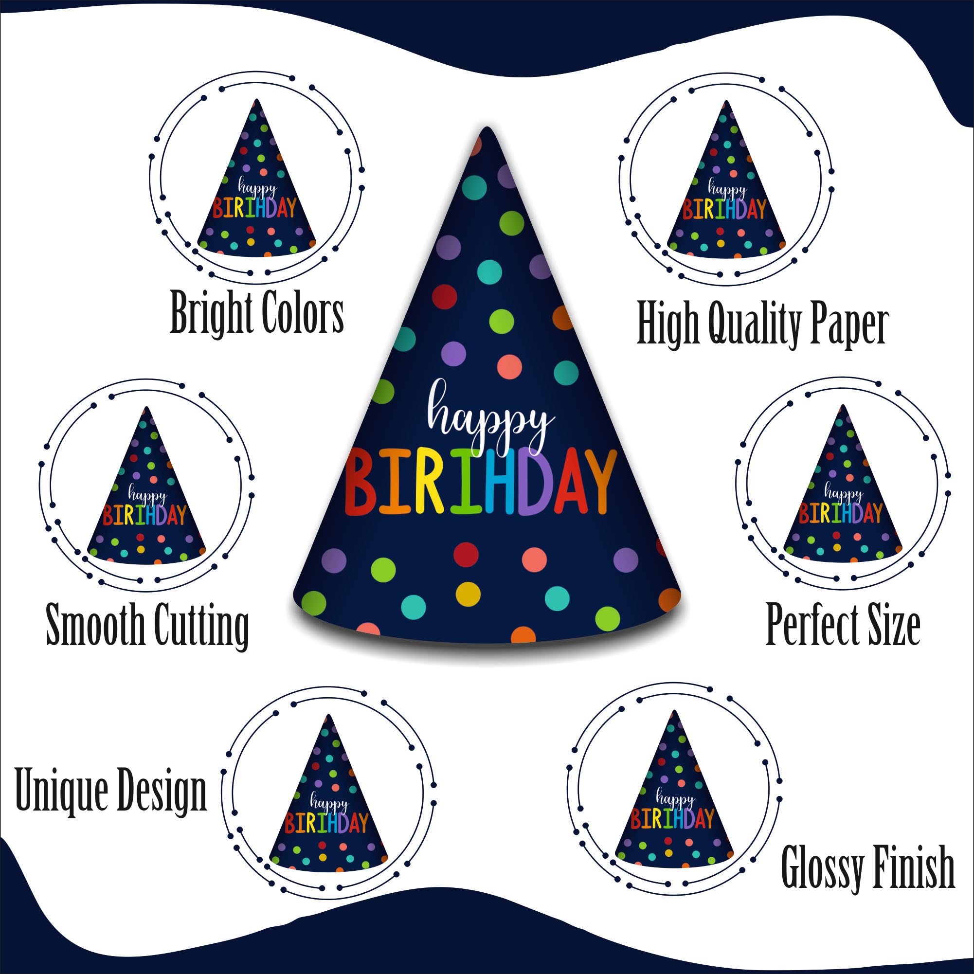 Party Baazaar Navy Blue Polka Dot Birthday Caps | Fun Party Hats for Kids & Adults | Blue & White Polka Dot Party Hats (Pack of 10) 4