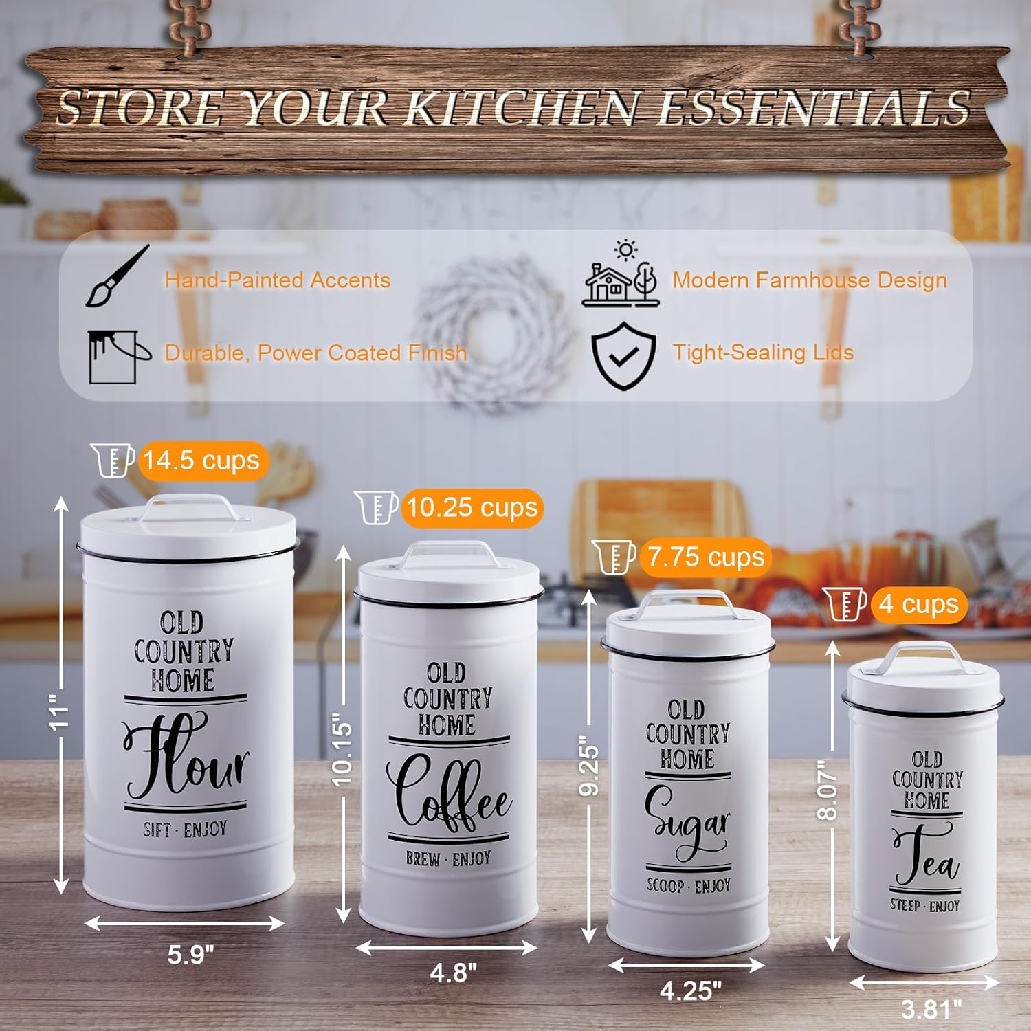 Canisters Sets for the Kitchen, Airtight Kitchen Canisters for Countertop, Flour and Sugar Containers, Tea Coffee Sugar Canister Set, Coffee Bar Decor and Accessories, Set of 4, White