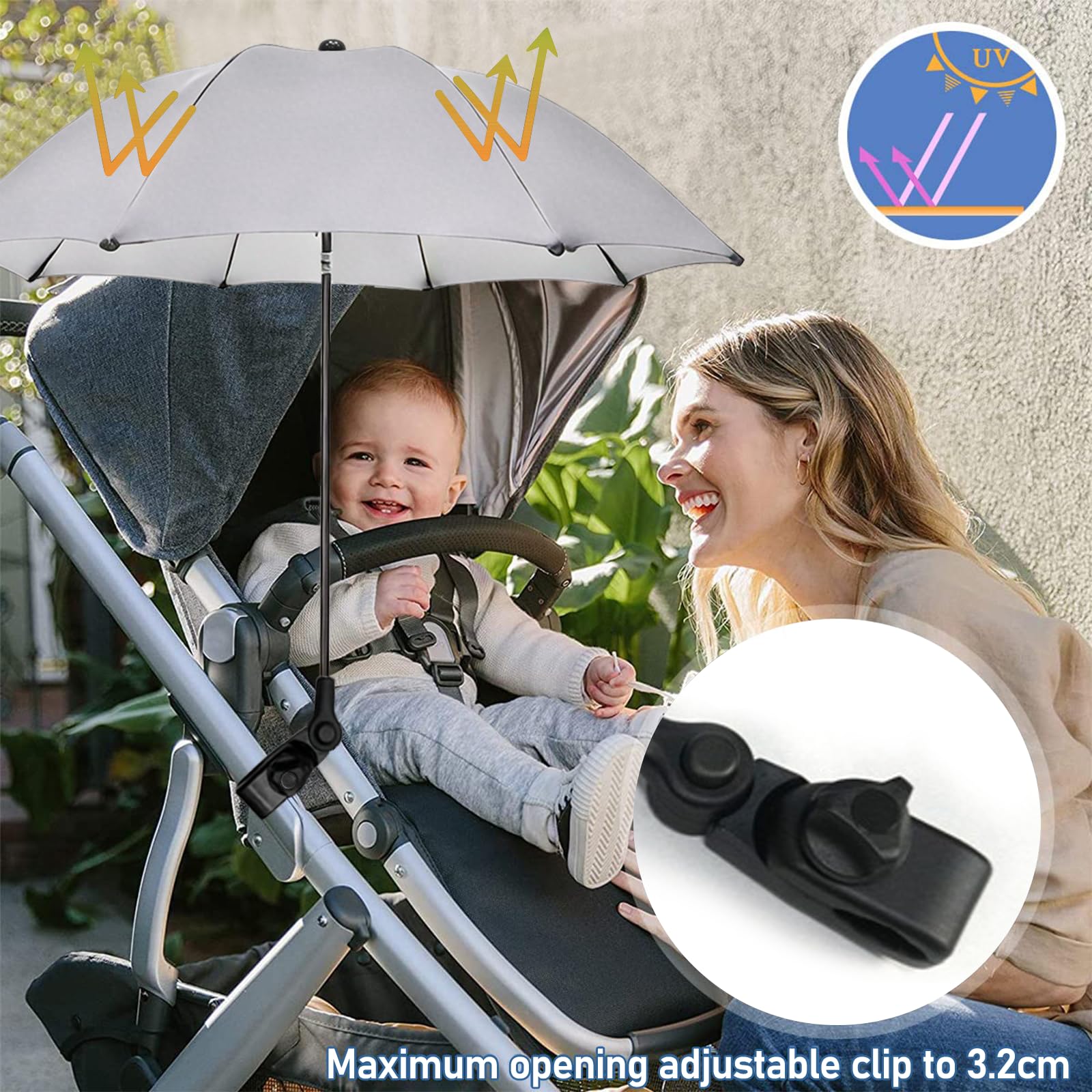 Ombrellino Passeggino Universale, Ombrellino Parasole Passeggino Anti UV 50+, Ombrello Parasole Passeggino con Un Manico, Ombrellone per Passeggino per Carrozzina e Passeggino-Grigio