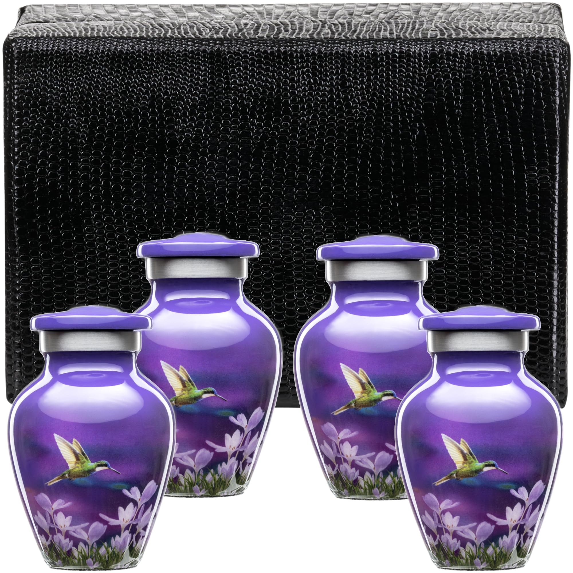 Olivia Memorials Small Urns for Human Ashes Adult Female - Set of 4 Purple Hummingbird Urns Keepsakes - Mini Cremation Urn for Mom Dad Baby Pet Dog