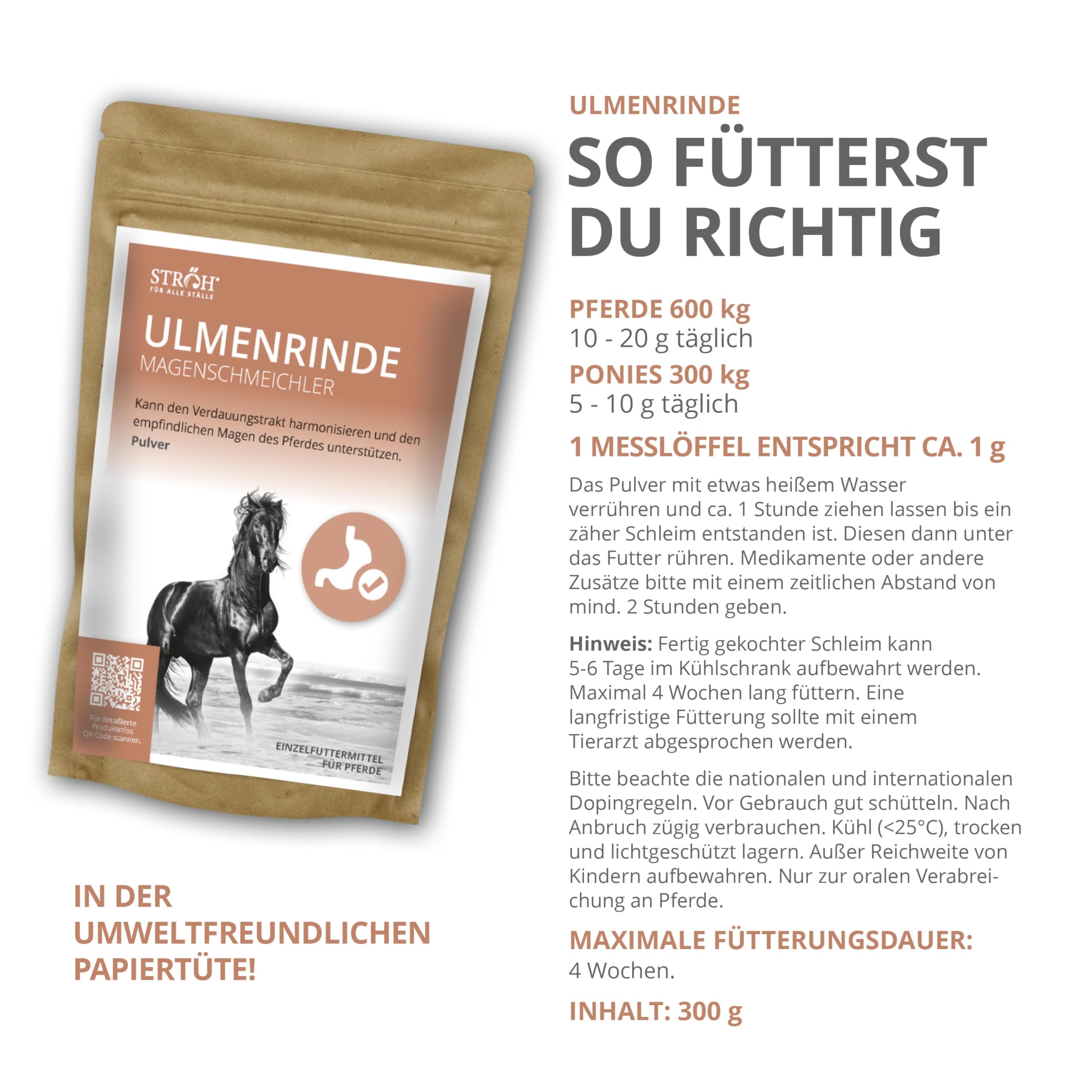 STRÖH Ulmenrinde Pulver für Pferde (300g) • Natürliche Unterstützung für Magen und Darm • Fein gemahlen • Magenschmeichler Pferd • Zusatzfutter Pferde • Naturprodukt+C11:E11