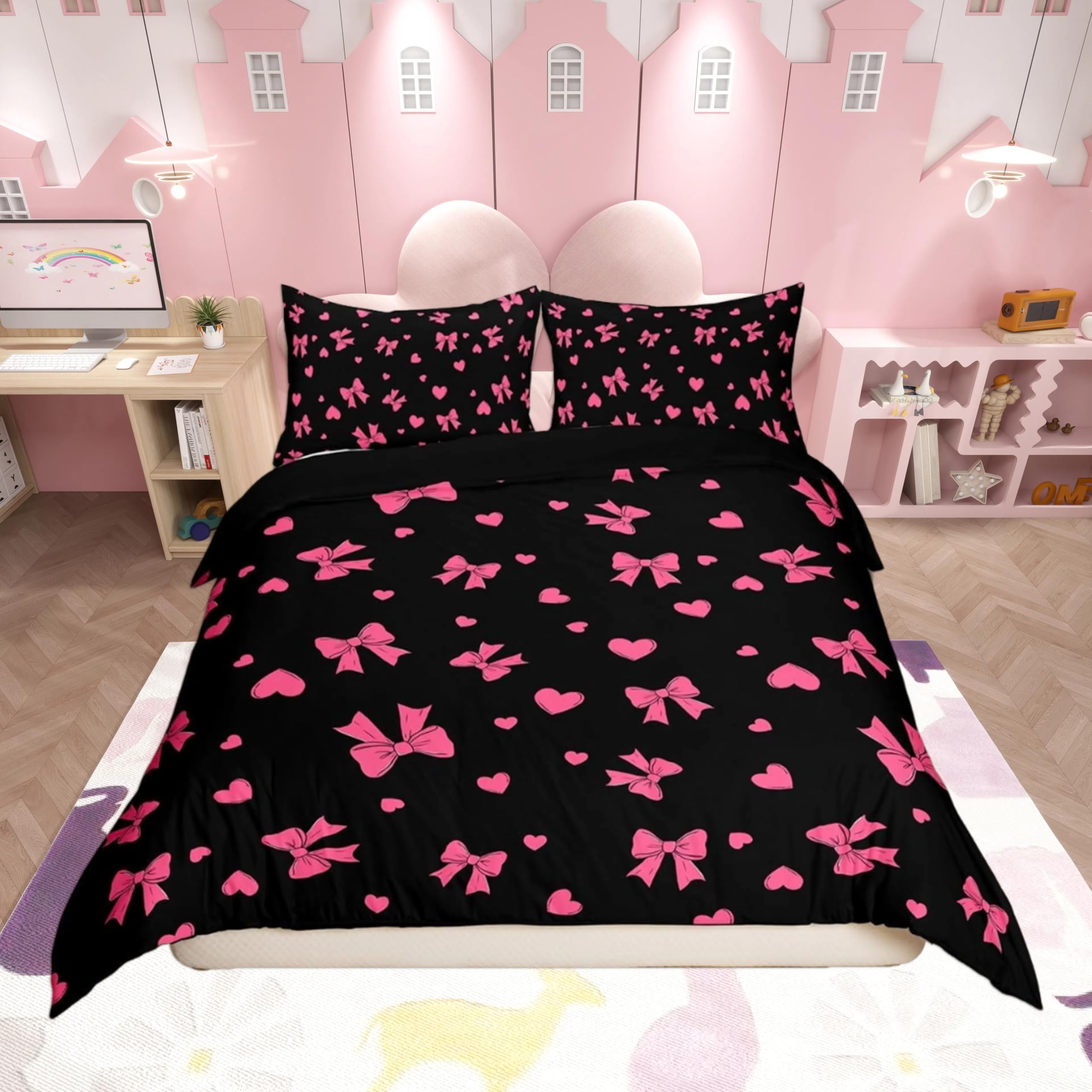 Homemissing Black Pink Bowknot Duvet Cover Set King Size For Kids Girls Teens Bedroom Cute Bow Bedding Set Bow Ribbon Comforter Cover with 2 Pillowcases