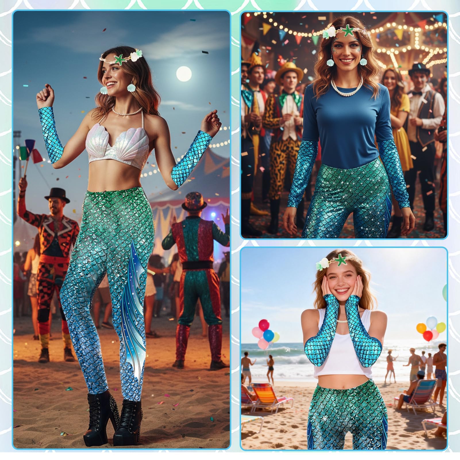 Meanju Leggings a Forma di Sirena, Costume da Sirena da Donna e Ragazza, Cerchietto Capelli Guanti Orecchini a Forma di Conchiglia Collane di Perle, per Costume di Carnevale,Giochi di Ruolo,Feste