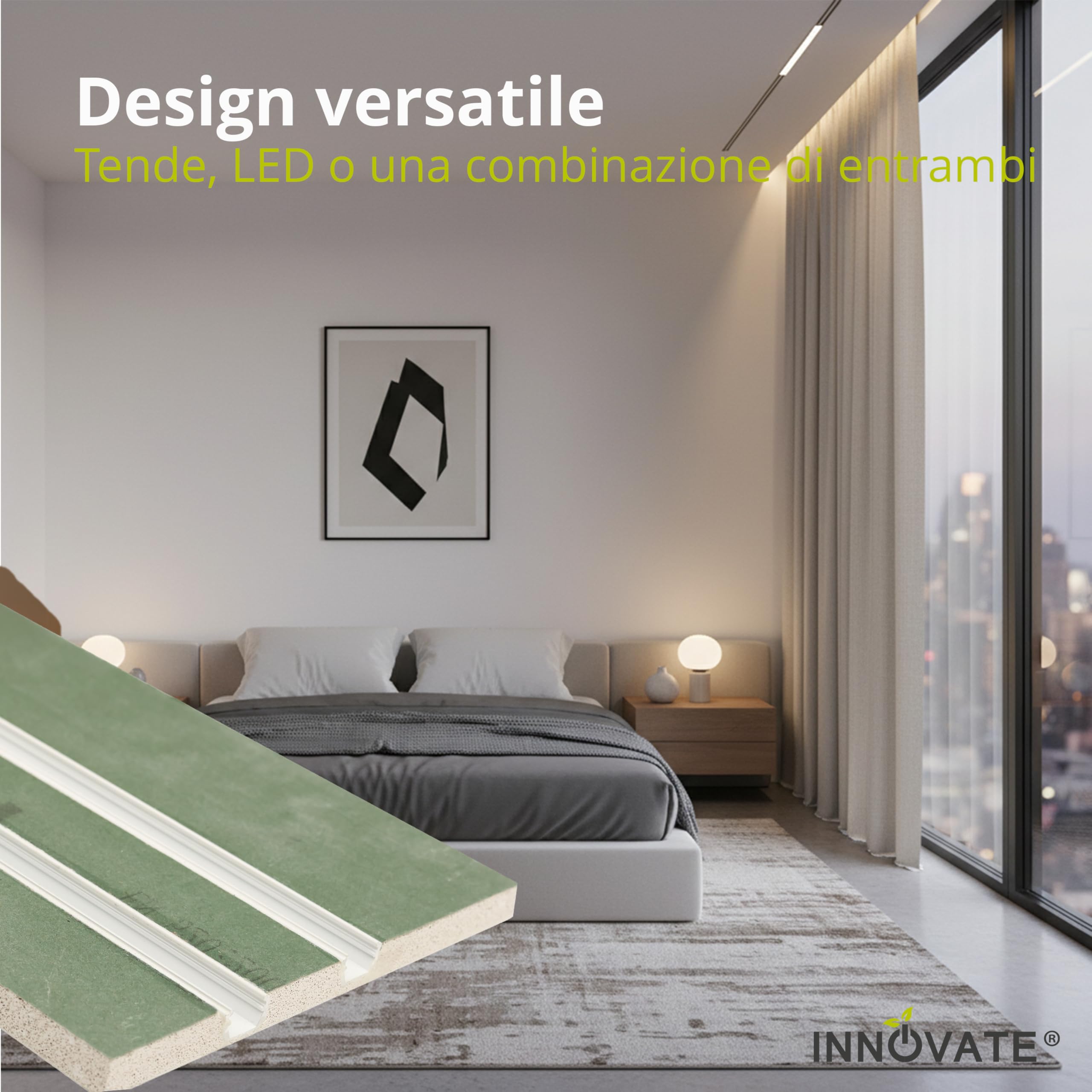 INNOVATE Binario tenda soffitto Cartongesso Profilo alluminio per LED striscia e Tende per interni I Bastone tenda Cucina bagno salotto Bastoni tende (2 binari, 200 cm)
