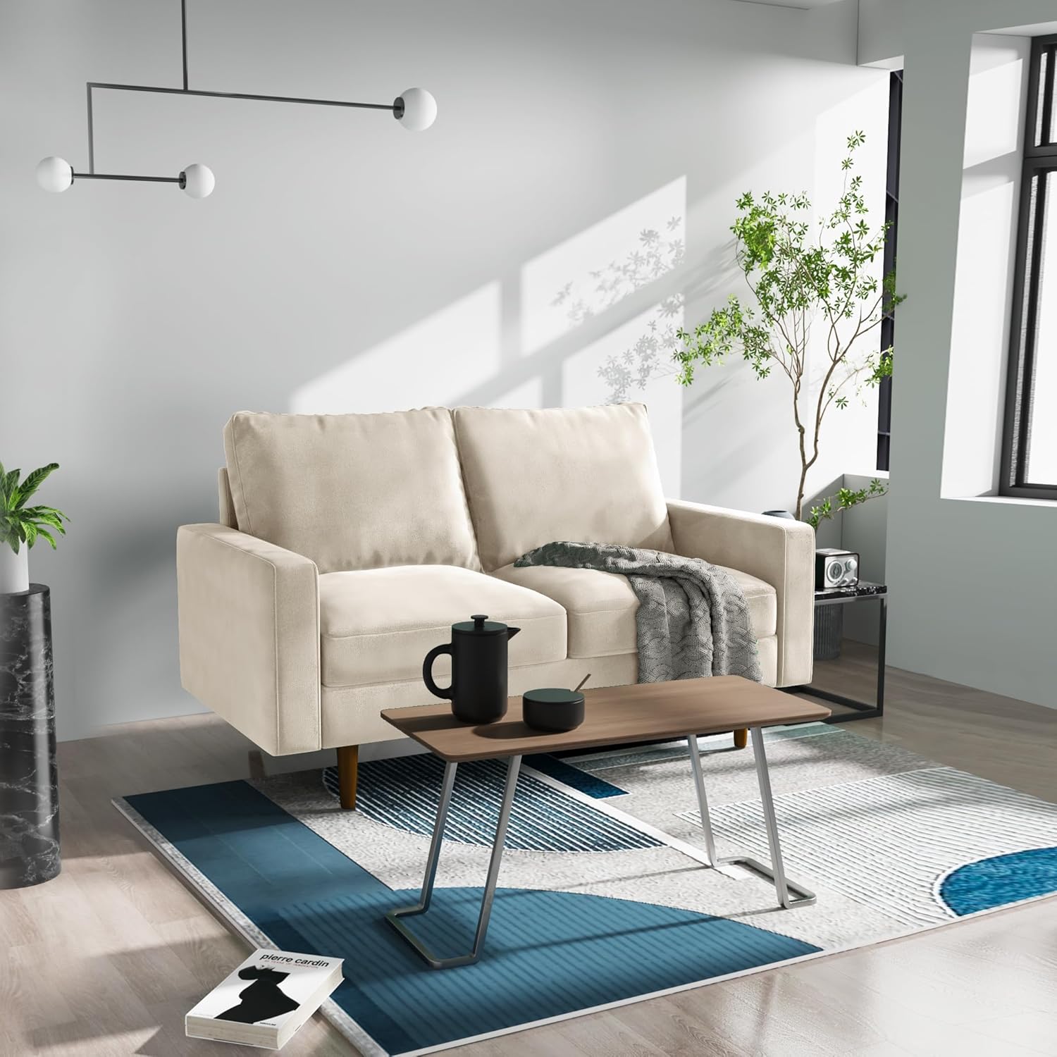 Modern Velvet Sofa Loveseat 58-inch, 2-Seater Compact Sofa for Living Room and Apartment, Ergonomic Support, Easy Assembly(Beige)