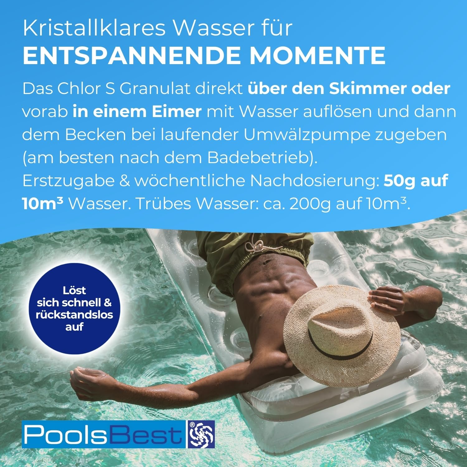 PoolsBest 3kg Chlor S Granulat I schnelllösliches Chlorgranulat-Pulver mit 56% organischem Aktiv-Chlor I Schnellchlor-Granulat zur Poolreinigung I pH-neutrale Stoßchlorung & Schnelldesinfektion