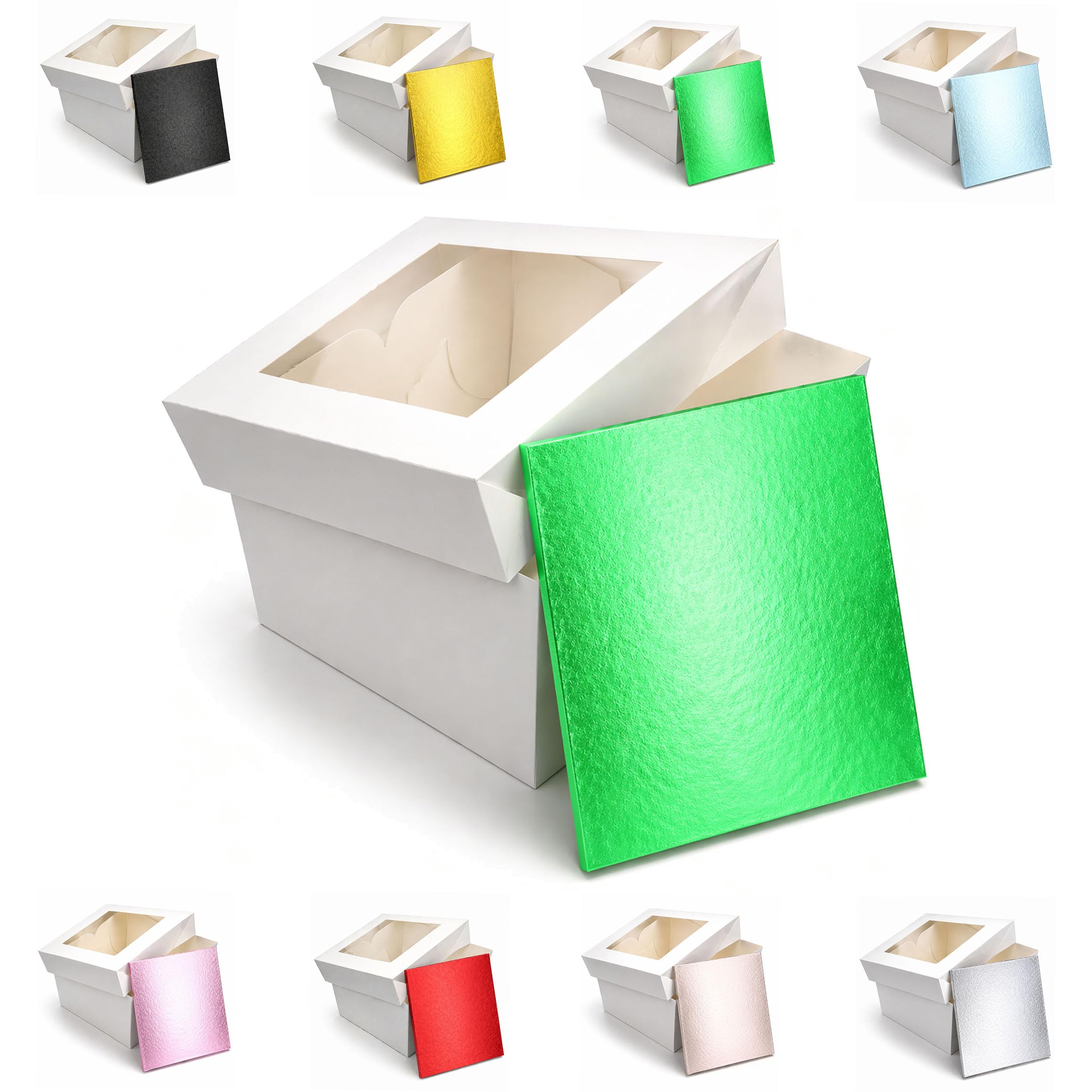 LARRYROO Square Colour Cake Drum Board & White Box with Clear Display Window + Lid Combo Pack for Wedding, Birthday Cakes (Green, 12 Inch)