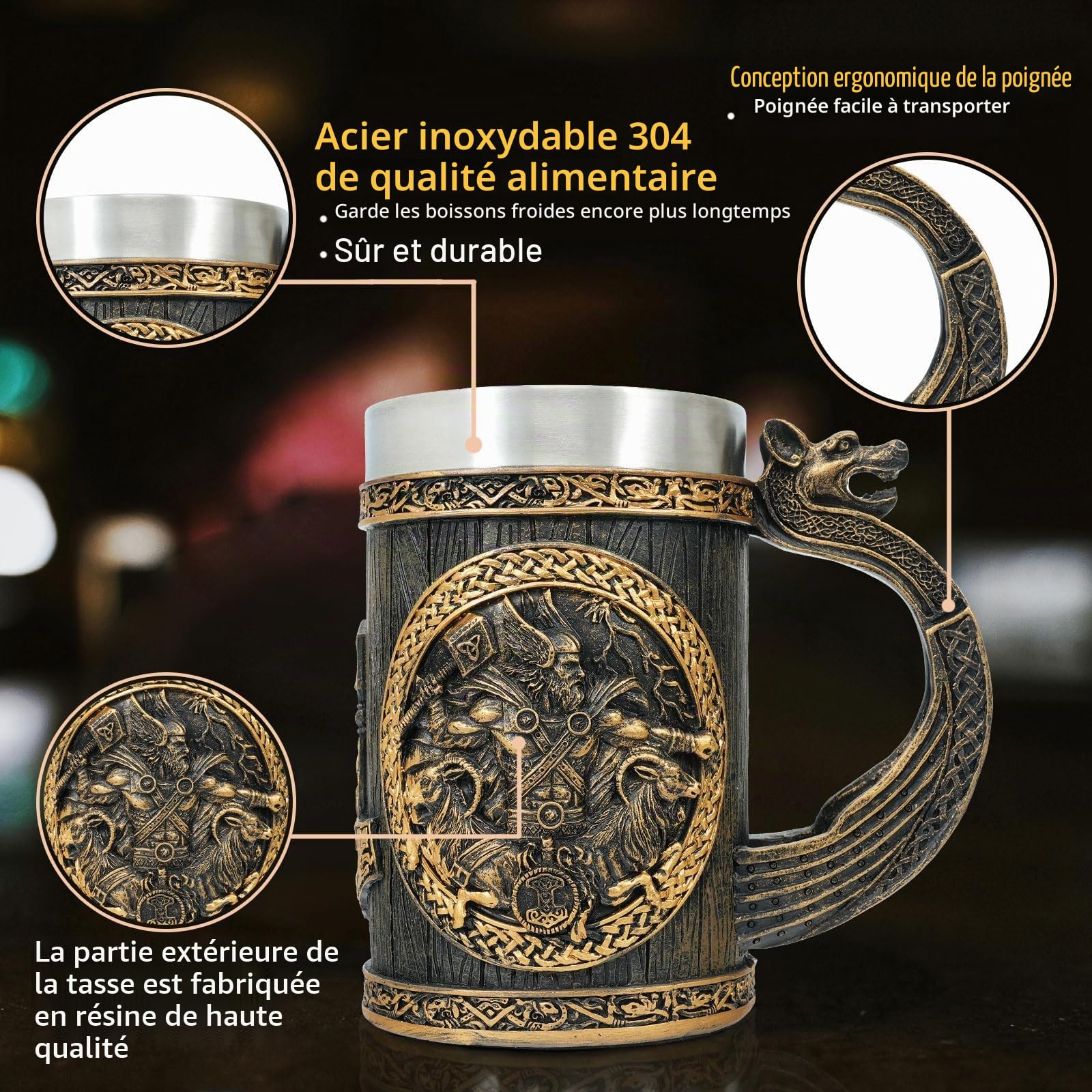 AtSKnSK Chope à bière viking en acier inoxydable avec une anse mythologie nordique marteau de Thor arbre de vie café chope à bière valhalla cadeau viking pour hommes et femmes (marteau de Thor)