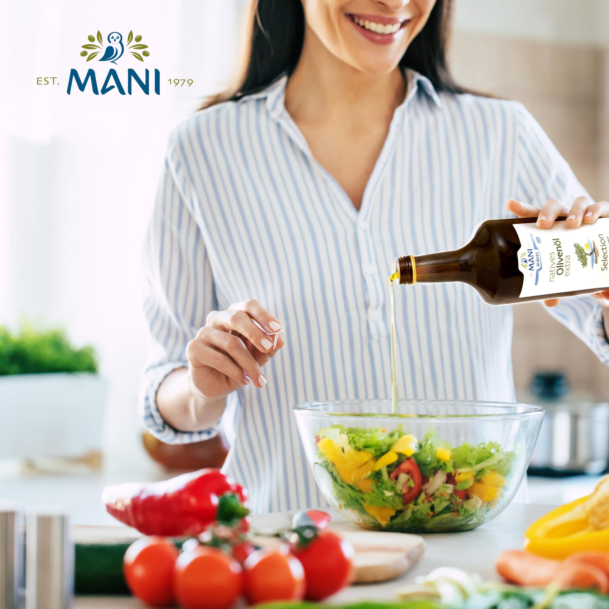 MANI Bio Olivenöl Nativ Extra 1L – Premium Griechisches Olivenöl kaltextrahiert aus Koroneiki Oliven, naturbelassen – Extra Virgin Olive Oil aus Griechenland mild-fruchtig – vegan & nachhaltig
