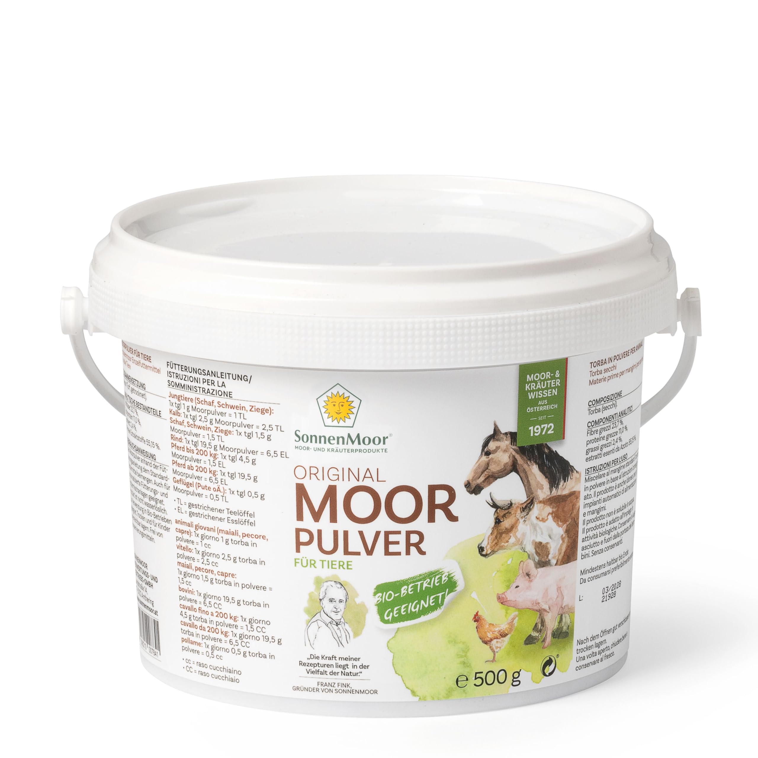 Sonnenmoor Moorpulver für Tiere Trockenmoor zum Untermischen von Futtermittel, 100% natürlich, vegan und ohne Konservierungsstoffe, Nahrungsergänzung für Tier in 500g und 1000g erhältlich (500g) | SonnenMoor | Einzelfuttermittel | Zur Ergänzung der täglic