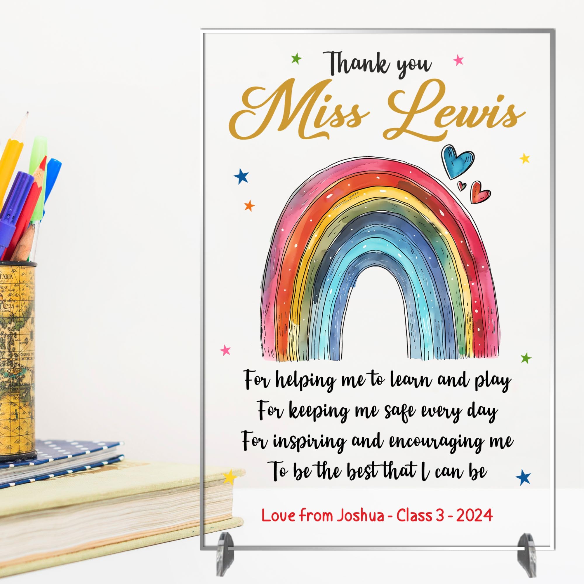 Personalised Teacher Appreciation freestanding Gift Plaque - Thank You Gift with Rainbow Design, Ideal Classroom Keepsake Sign, Custom Teacher Name (Acrylic, Acrylic - A4-30cm x 21cm)