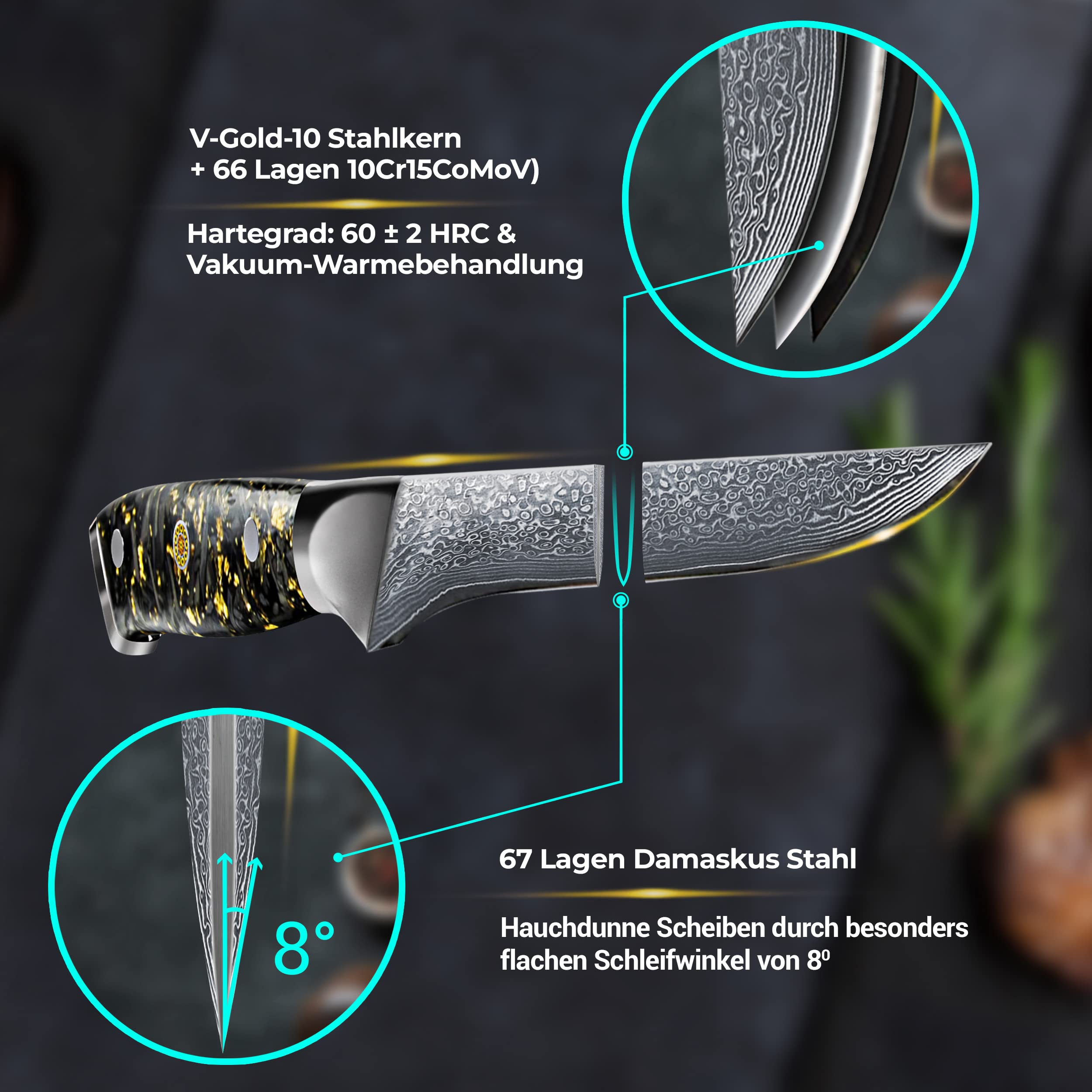 Filetiermesser 67 Lagen Damaststahl - Damastmesser, Küchenmesser, Ausbeinmesser, Messer, Filetmesser