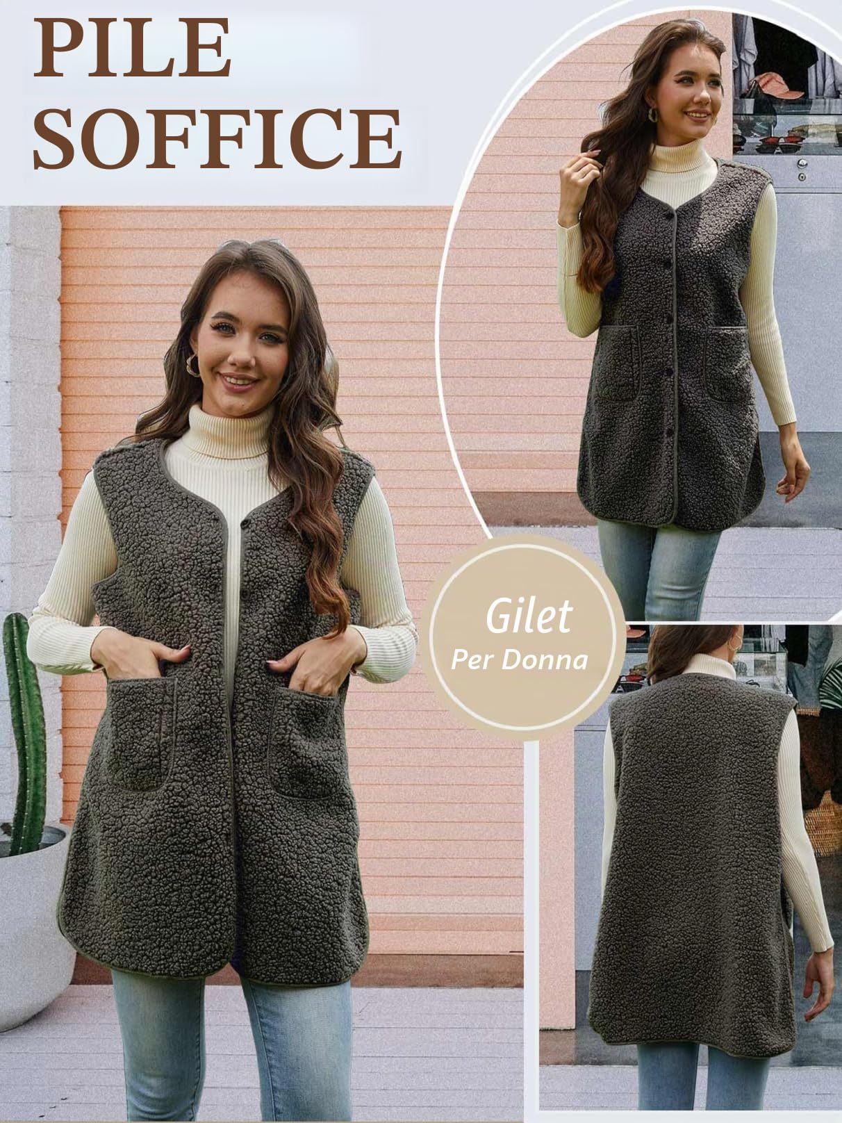 Gilet Donna Invernale in Pile Gilet Elegante Pile Lungo Smanicato donna Invernale Termico con Scollo a V e Bottoni Smanicato Caldo Casual Comodi Senza Maniche Giacca Teddy con Tasche Autunno