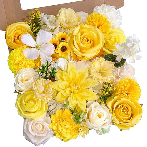 Yellow Flowers Artificial Roses Combo Set Fake Pink Silk Flowers