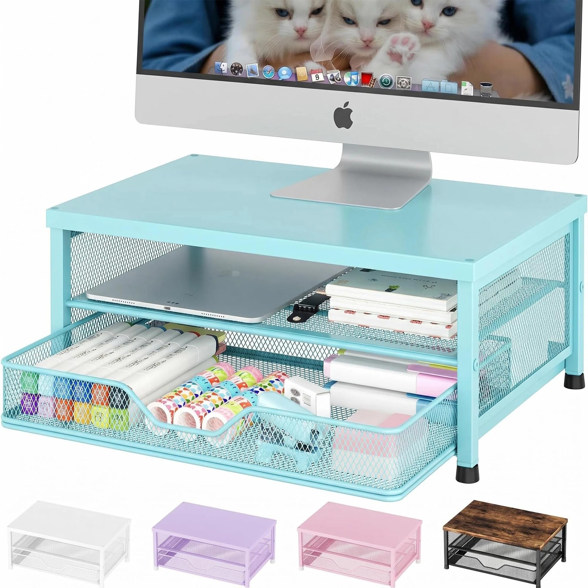 OPNICE Computer Monitor Stand Riser, Desk Organizer with Drawer, Printer &amp; Laptop Stand, Office Desk Accessories &amp; Workspace Desktop Organizers Storage for Office Supplies(Blue)