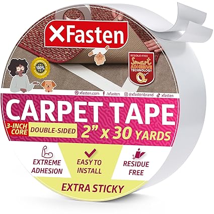XFasten Super Strong Double Sided Carpet Tape Extra Sticky, 2-inch by 30-Yard, Heavy Duty Double Sides Area Rug to Carpet Gripper Tape, Ideal for Homes with High Foot Traffic and Large Pets