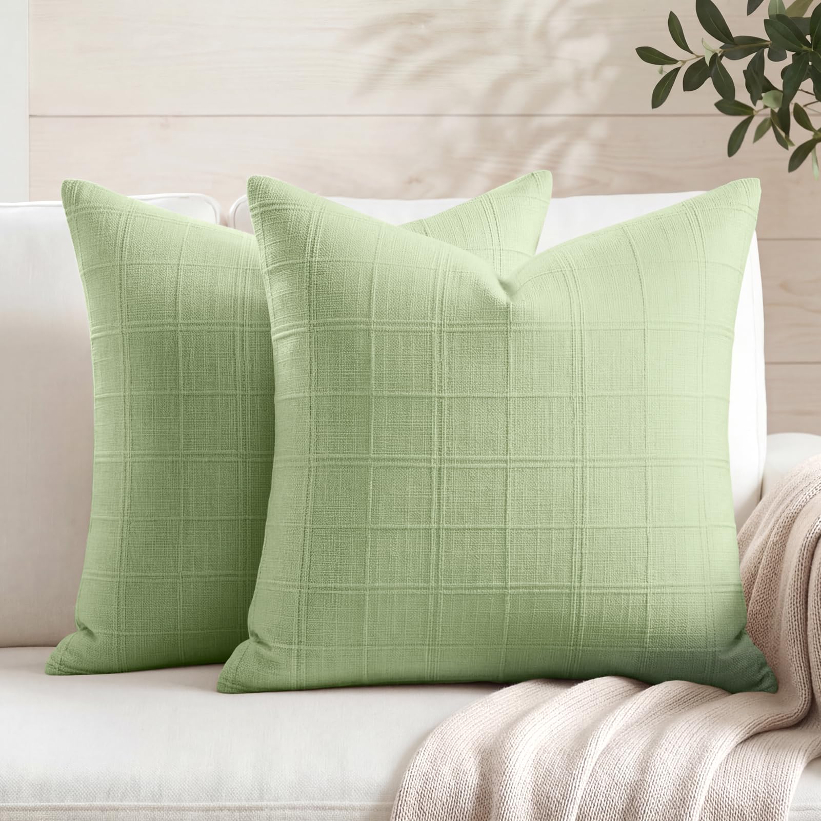 FIBORIA Sage Green Cushion Covers 45 x 45 Outdoor Cotton Square Cushion Cover Tartan Faux Linen Boho Throw Pillow Cases Set of 2 for Sofa Spring Garden Bed Couch Home Decorations (18x18 inch)