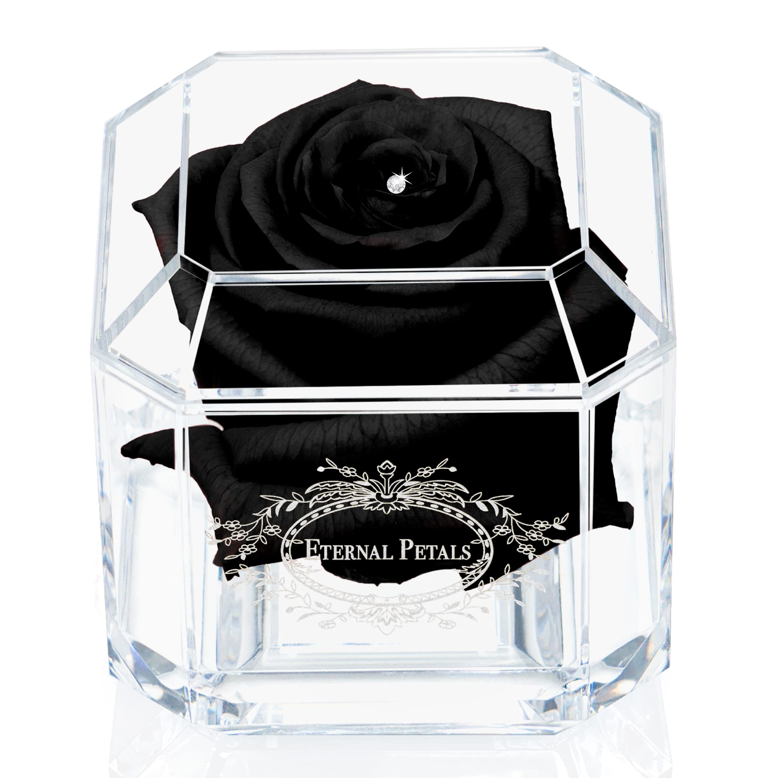 Sponsored Ad – A 100% Real Rose That Lasts Years - Eternal Petals, Handmade in UK – White Gold Solo with A Clear Crystal (Black)