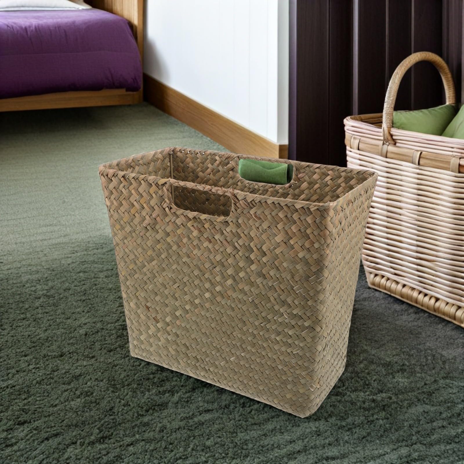 FRCOLOR Cesta de Almacenamiento Tejida a Mano Natural 35x30x18 Cm de Algas Marinas con Asas Dobles Multifuncional para Hogar Oficina y Sala de Estar