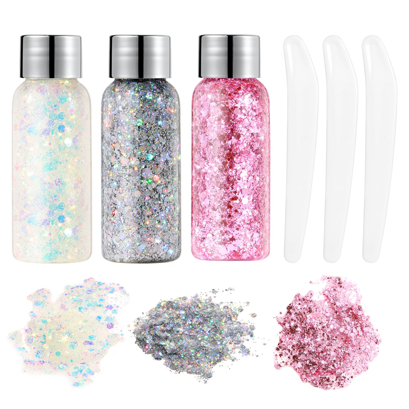 URAQT Körper-Glitzer-Gel, holografische Meerjungfrau-Pailletten, klobig, kosmetisches Gesicht und funkelnde Festival-Party-Lotion für Augen, Haare, Nägel, Make-up, DIY-Kunst, Weiß und Silberrosa, 3