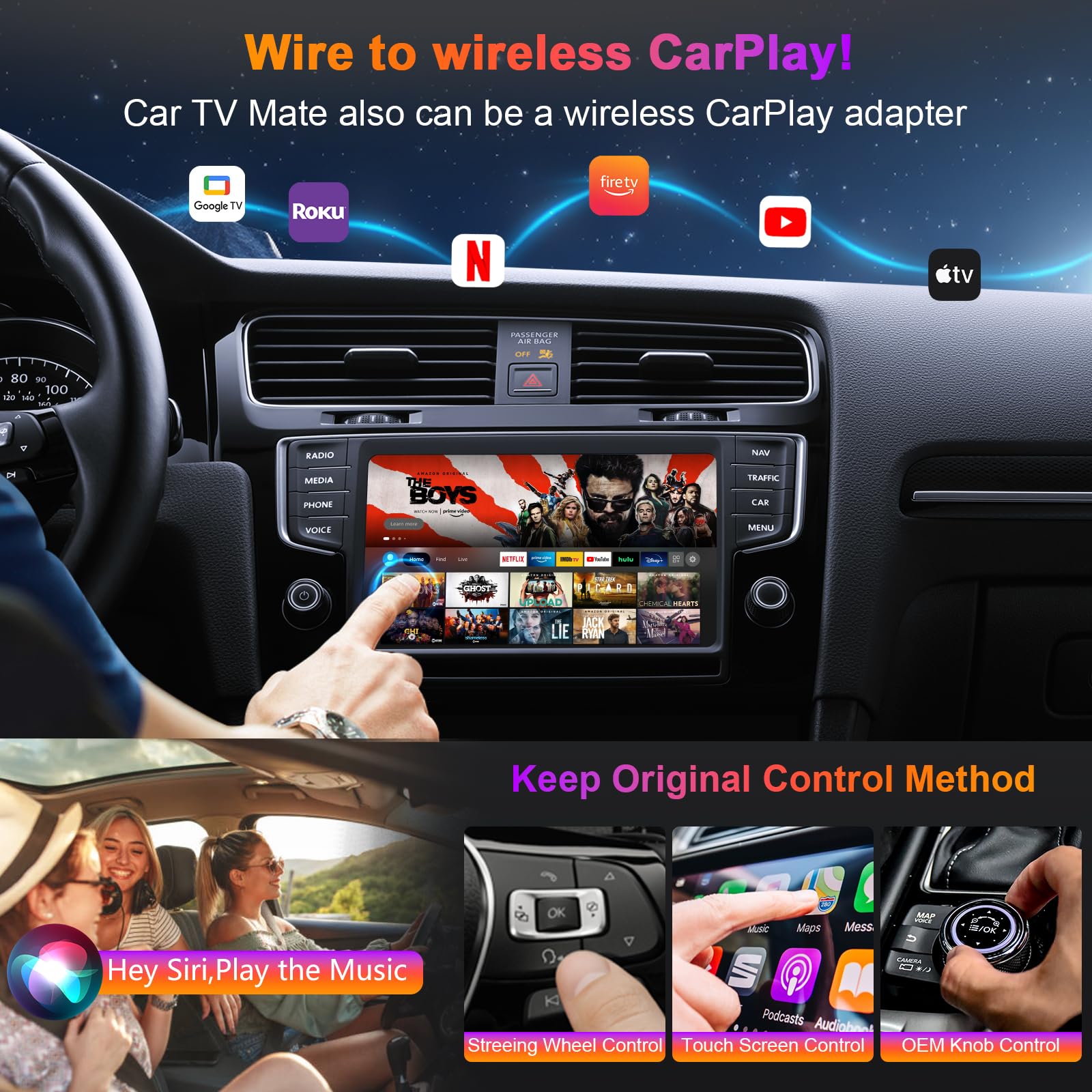 Car TV Mate Pro con Adaptador inalámbrico Car Play, convertidor Multimedia HDMI 2 en 1 para Consolas de Videojuegos/decodificadores, Convierte CarPlay con Cable a inalámbrico Plug & Play