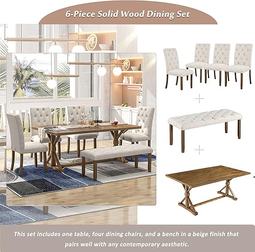 Miniatura 6 de Juego de mesa de cocina de madera maciza de mediados de siglo con base de estante con patas cruzadas 1 banco tapizado y 4 sillas tapizadas elegante