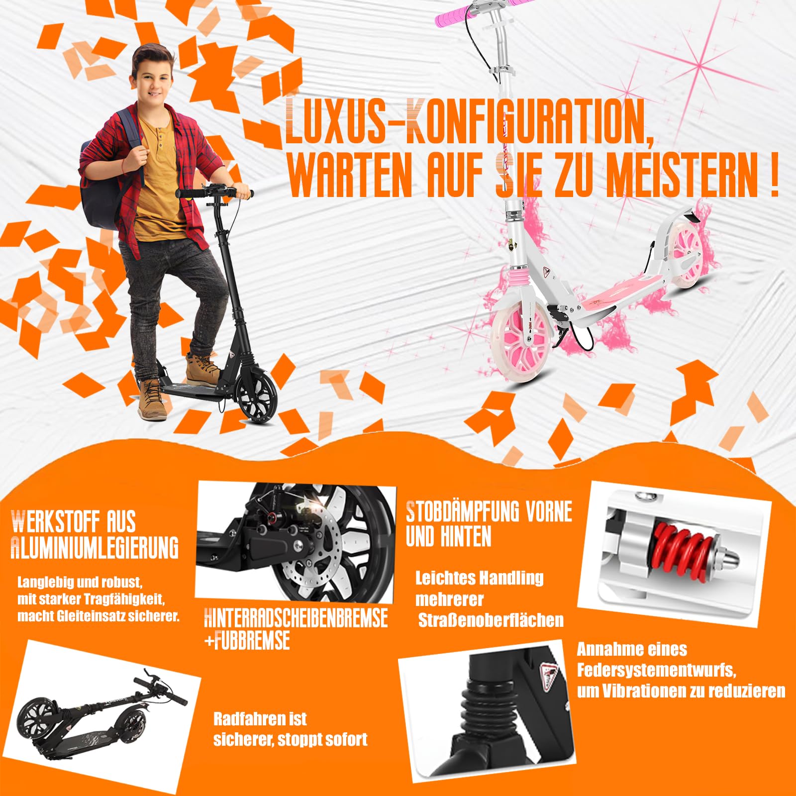 Trottinette pour Adultes et Adolescents et pour Les Jeunes de - Trottinette Adulte Pliable légère avec Grandes Roues Construction Durable Pliage Rapide Guidon Ajustable Roues à 20 cm Amortisseu