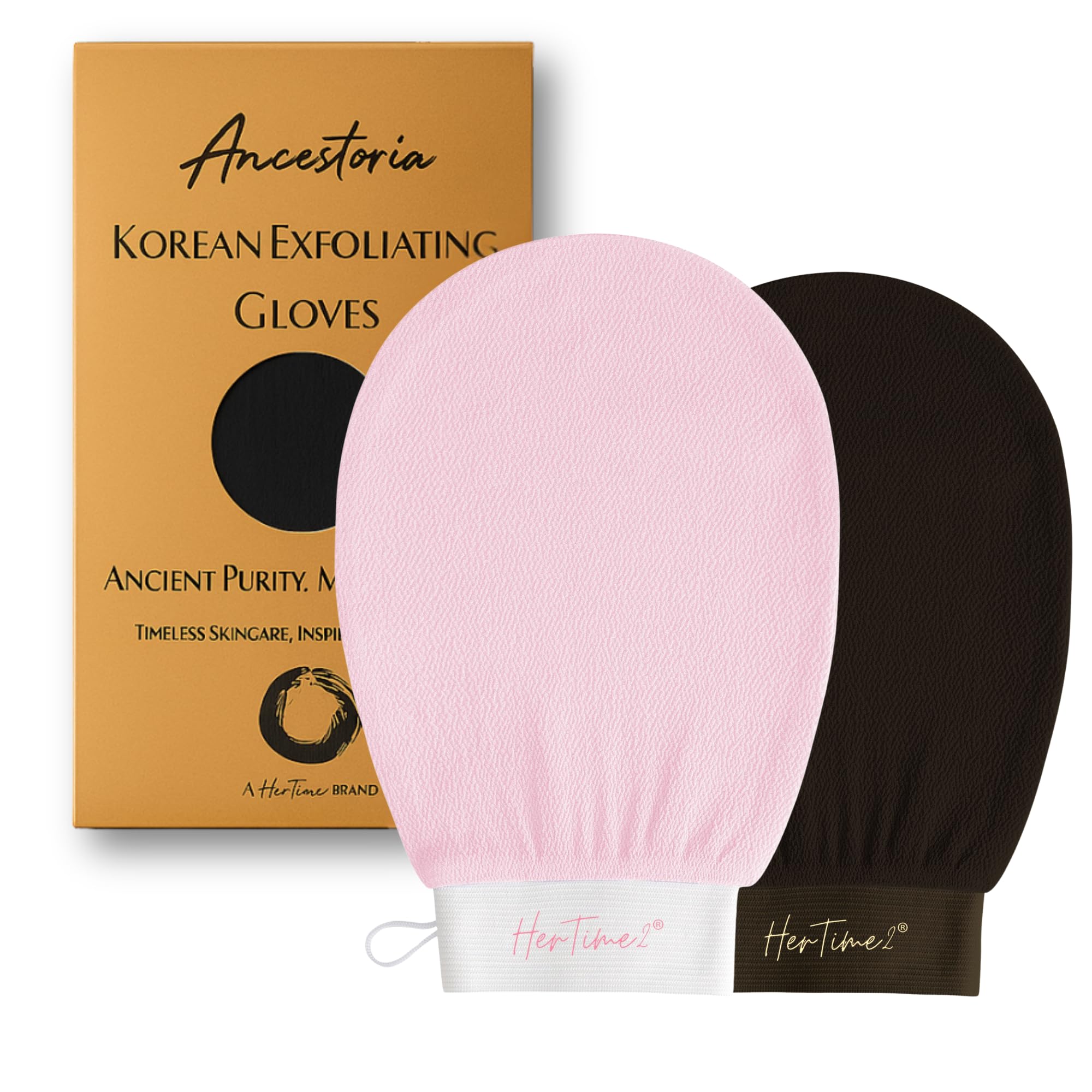 Ancestoria Korean Exfoliating Gloves for Shower, Pink and Black, 2-Pack, Deep Exfoliating Mitts for Body, Reusable and Chemical-Free, A HerTime2 Brand
