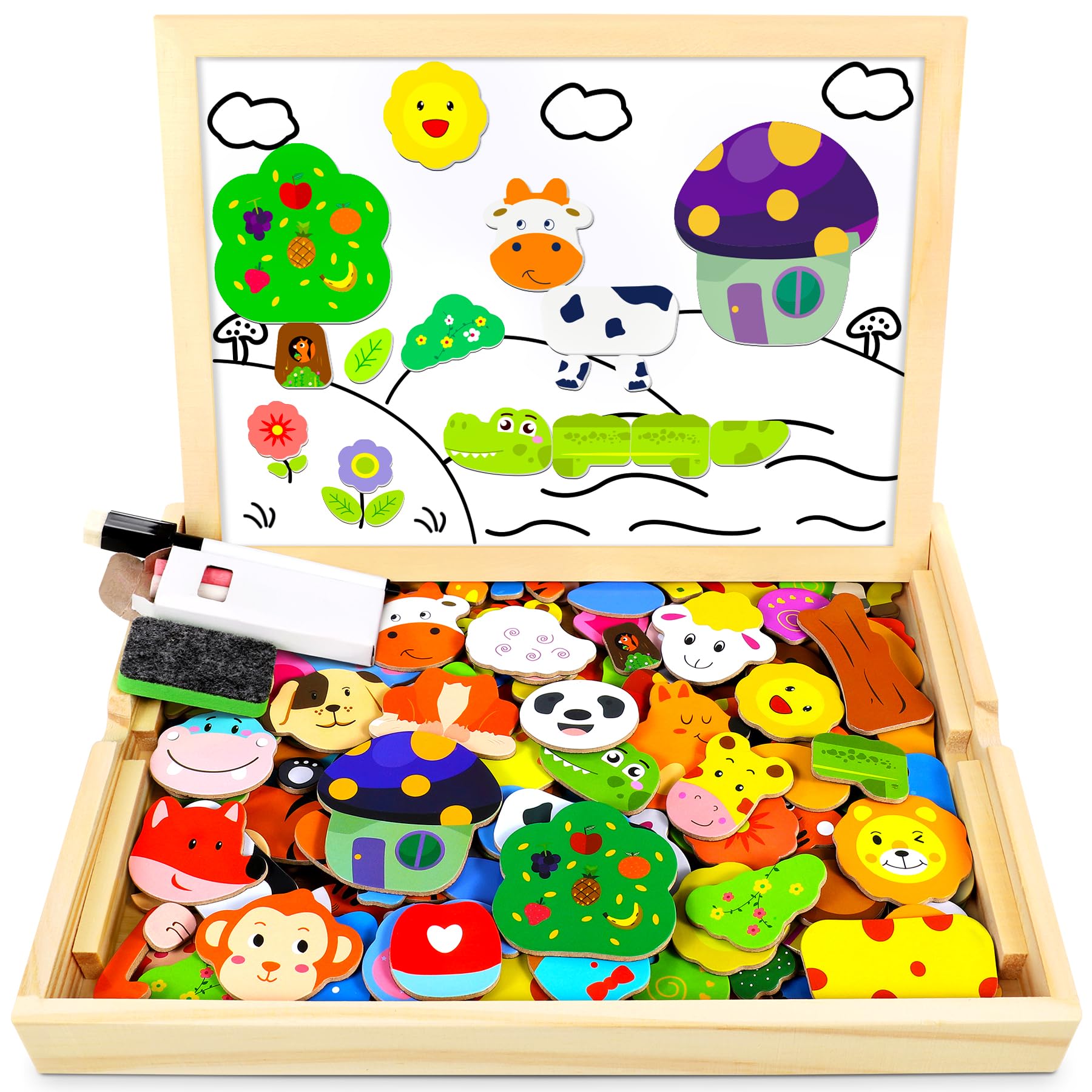 Jojoin 110 PCS Puzzle Magnetico Legno - Lavagna Animali Giocattolo per Bambini - Giochi Montessori - Educativi Puzzle Regalo Bambini Bambino 3 Anni Pasqua