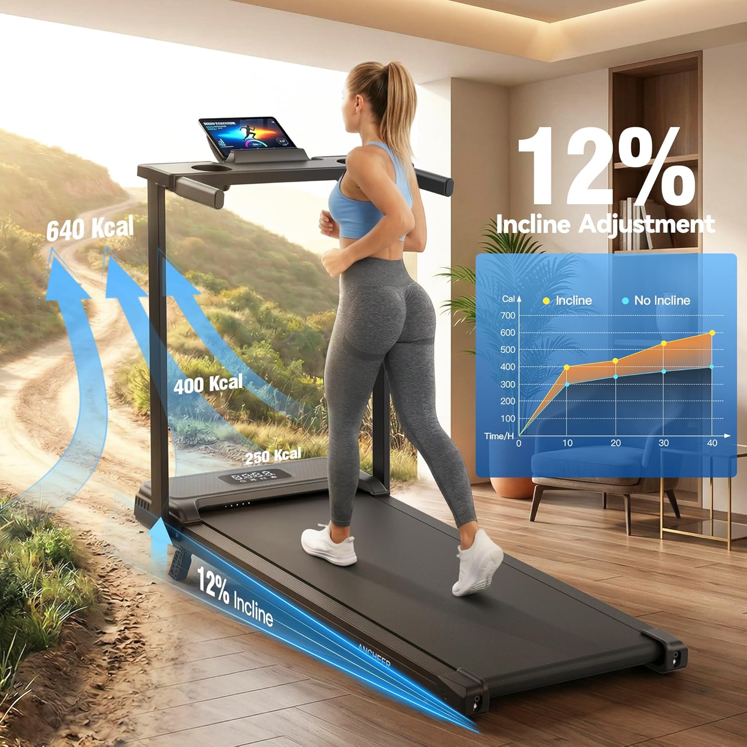 FUNMILY 3.5HP Walking Pad Incline Treadmill with Desk & Handle Bar, Heavy Duty 350 lbs Weight Capacity Portable Treadmill for Home and Office, Remote Control & LED Display