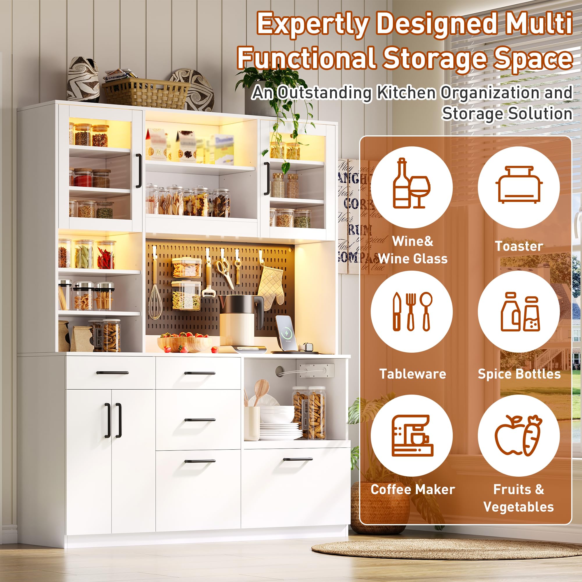 Meuble de Cuisine Multifonctionnel avec éclairage LED,Rangement Buffet avec tiroirs et étagères réglables,vaisselier Moderne Blanc 185x145x40 cm–Prise électrique et Ports USB intégrés