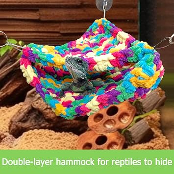 QWR Hand-Knitted Soft Lizard Hammock,Double-Layer Hammock for Bearded Dragon Tank,Hanging Reptile Swing Hammock with Strong Adhesive Hooks,for Lizard Gecko Chameleon Hide(Triangular)