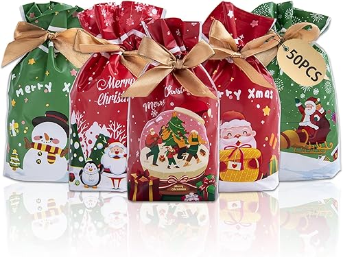 Goture 50 bolsas de regalo con cordón, bolsas de regalo de San Valentín, Navidad, pequeñas bolsas de regalos con 5 diseños diferentes para Feliz