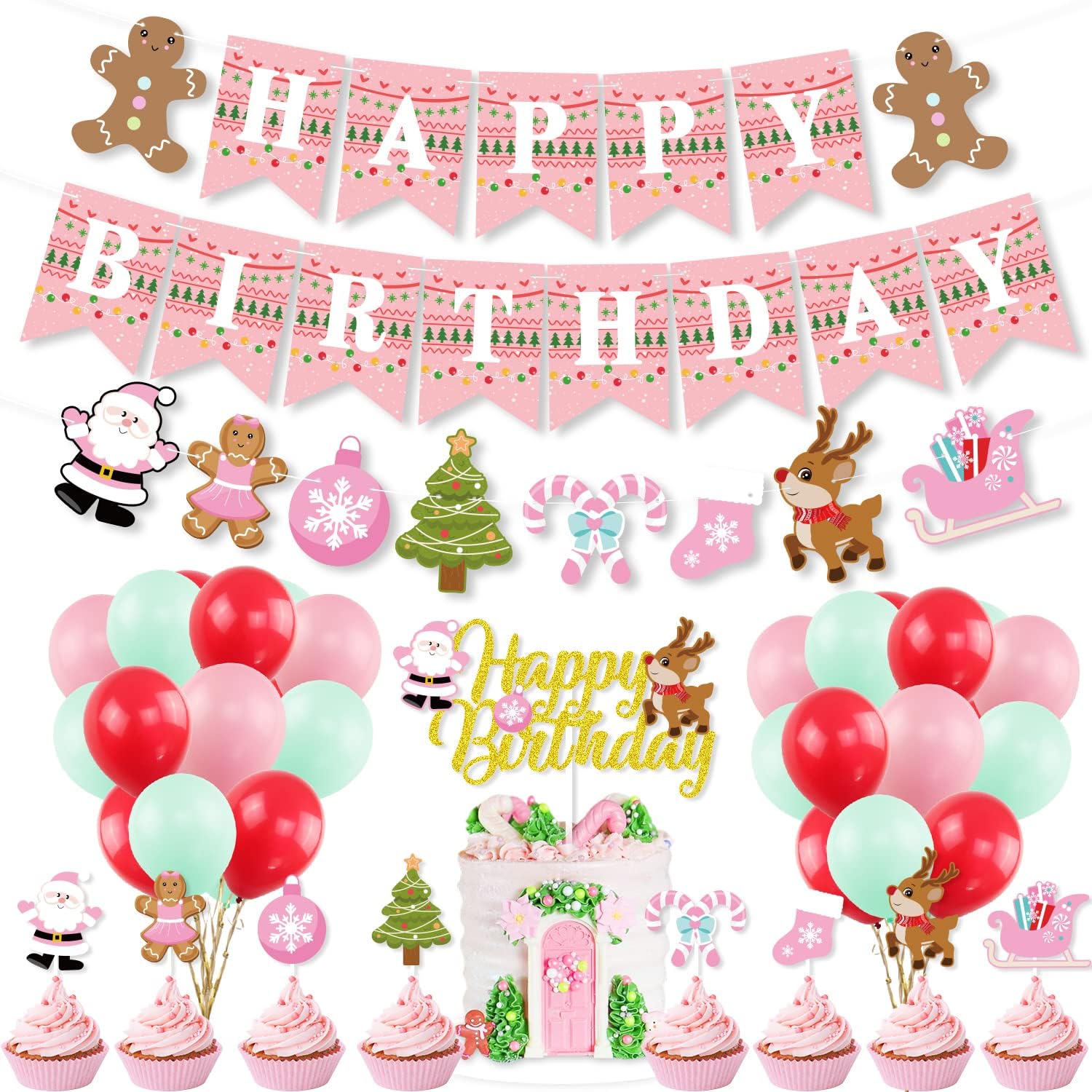 K KUMEED Pink Christmas Birthday Decorations,Gingerbread Man Theme Happy Birthday Banner Santa Claus Cake Topper Latex Balloons for Christmas Birthday Party Supplies