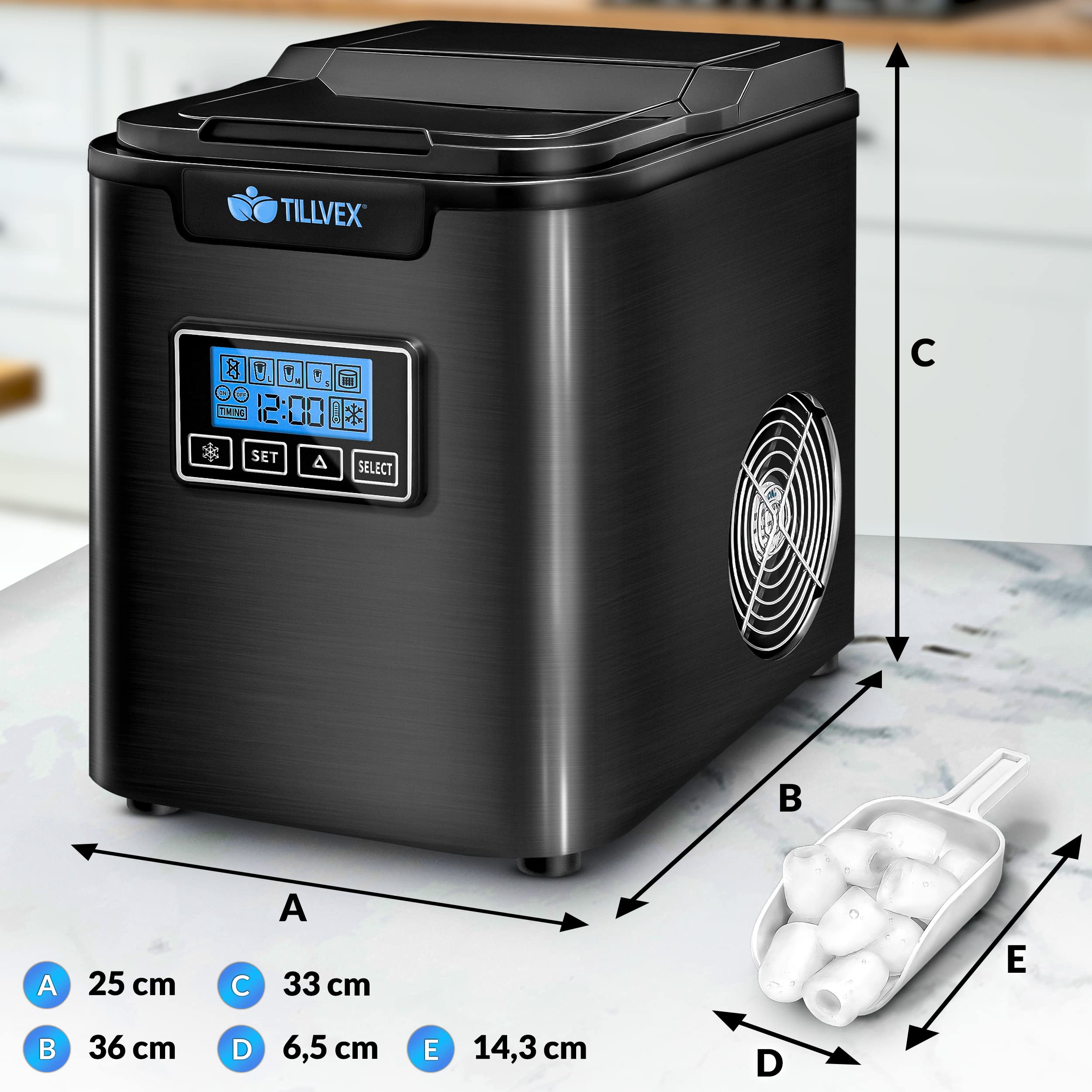 tillvex Eiswürfelmaschine Edelstahl 12 kg - 24 h | Eiswürfelbereiter mit Timer und 2,2 Liter Wassertank | Ice-Maker LCD-Display & Selbstreinigungsfunktion | 3 Eiswürfel Größen (Schwarz)